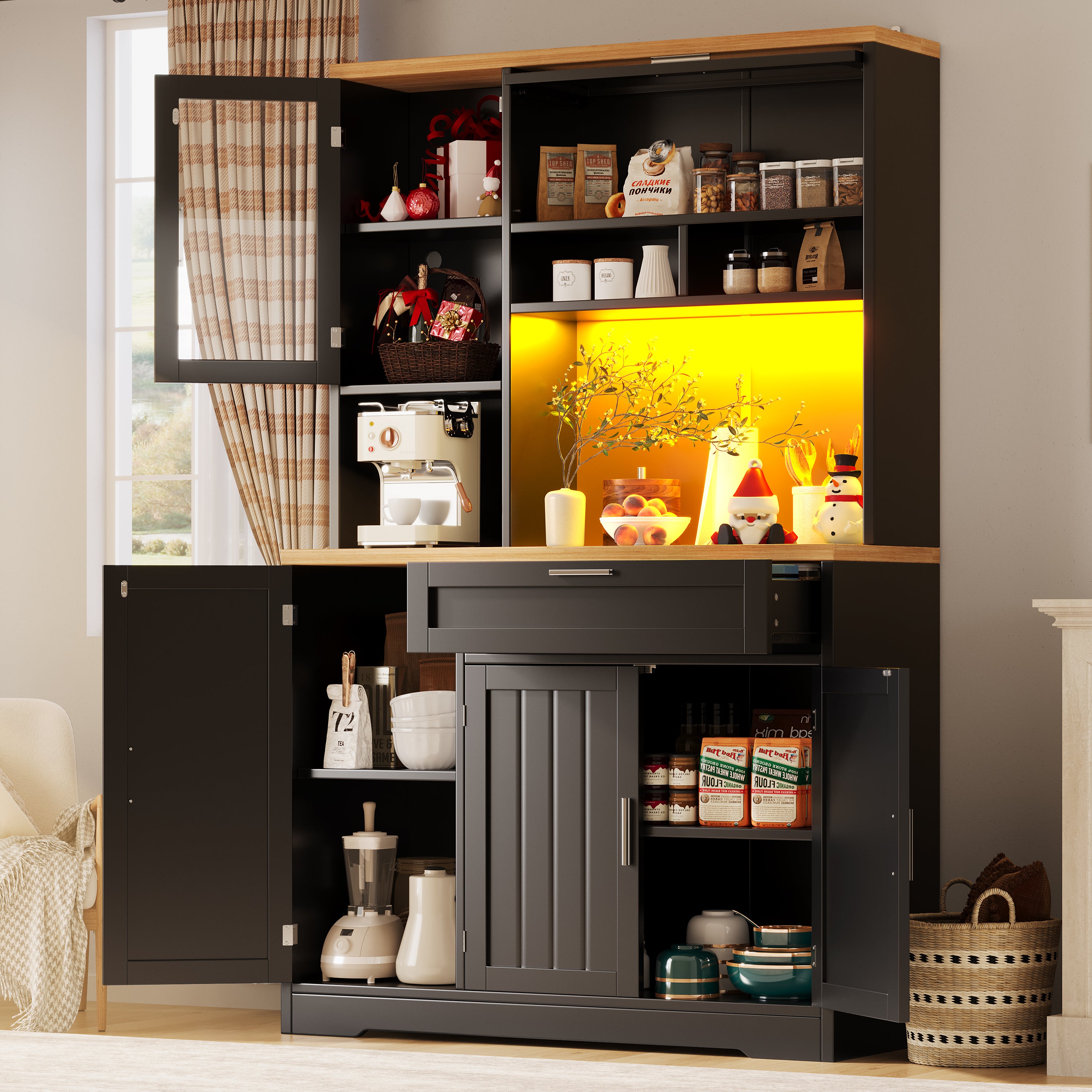 Tall Display Cabinet with LED Lighting - 104x40x180 cm Kitchen & Living Room Storage, White/Black