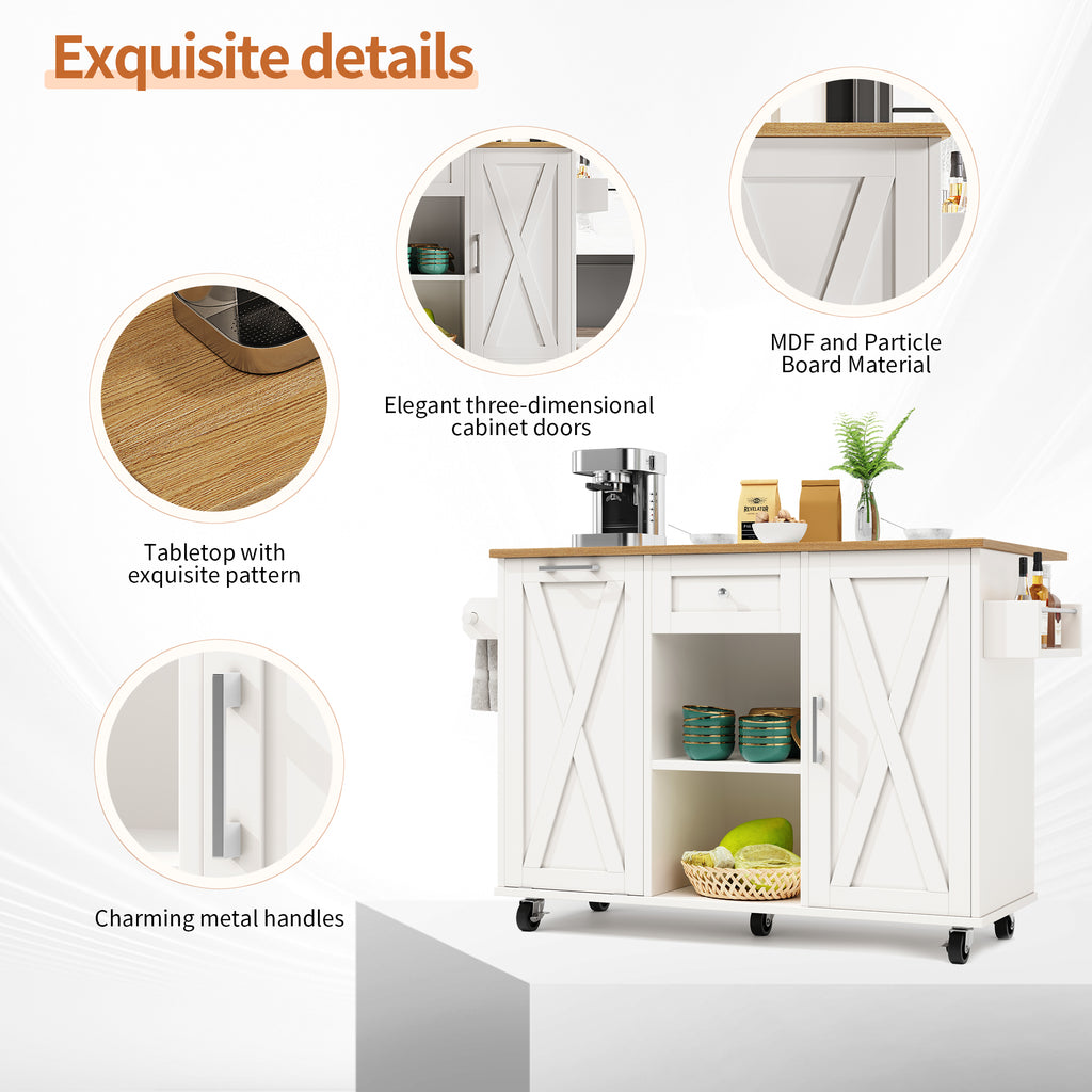 Modern kitchen island,cabinet for rubbish bins, multifunctional dining table with storage space, serving trolley with snack shelves and stretch function cabinets, white(Excluding the dustbin)