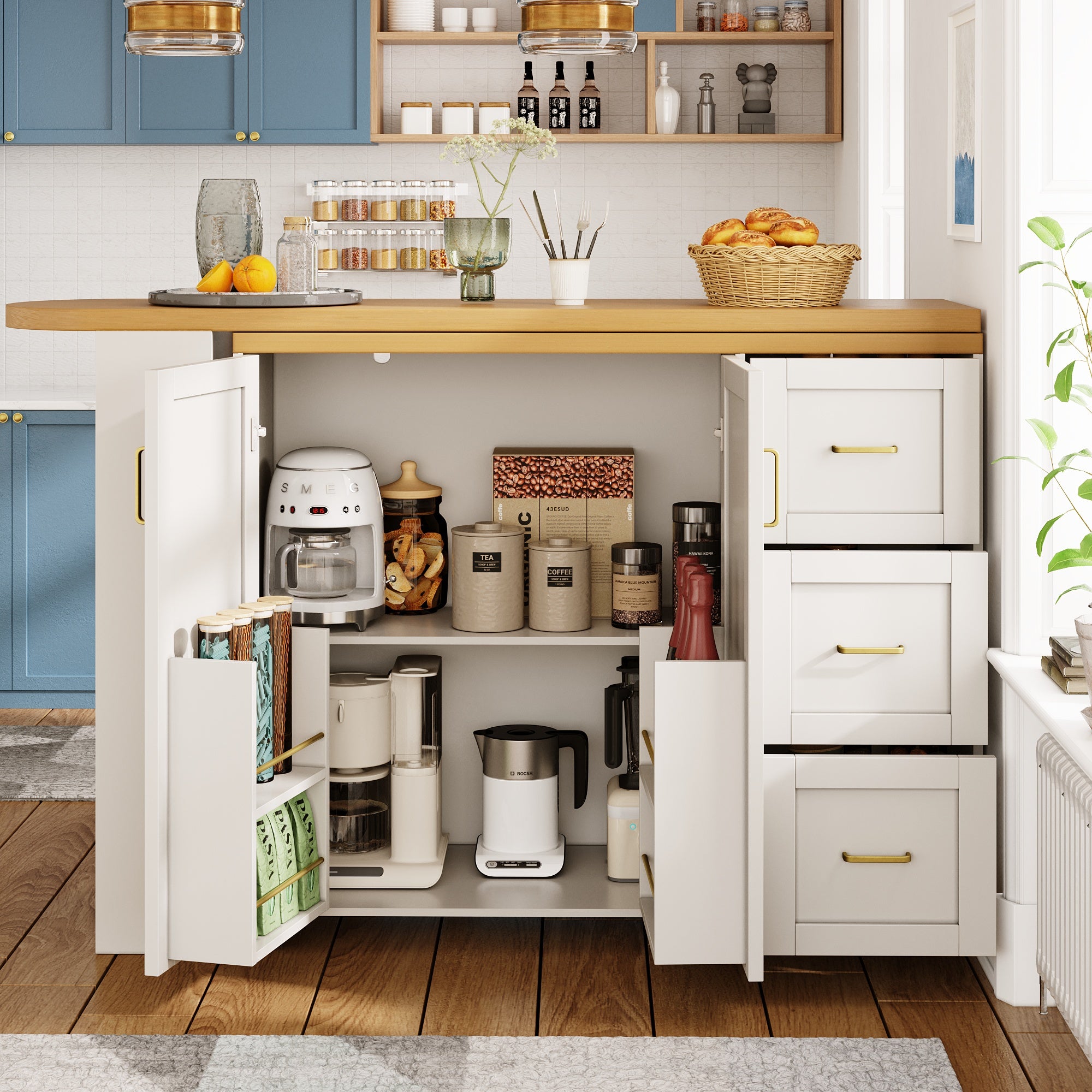 Extendable Bar Cart with 2 Doors & 3 Drawers (135-228 x 39 x 104 cm), Rollable, Home Bar in White, Worktop in Wood Look