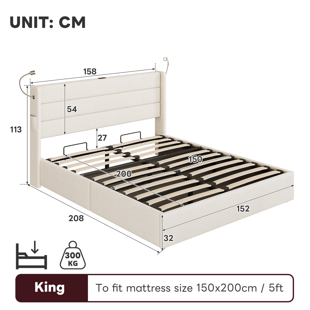 King Upholstered Bed with Charging Station, Linen Hydraulic Storage Bed with Adjustable LED Reading Light, 5ft King Bed Frame with USB and Type - C Ports, No Box Spring Needed, Beige (No Mattress)