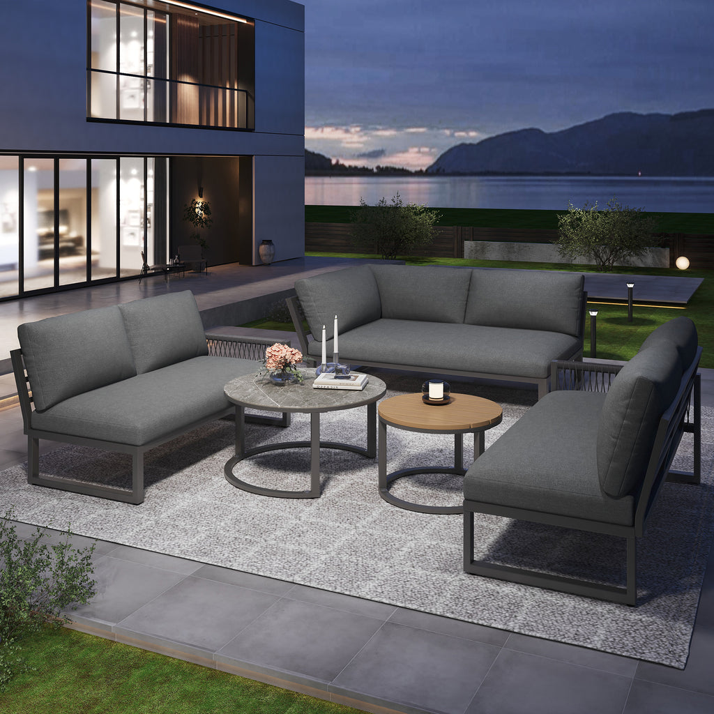 Outdoor garden lounge set, furniture set for 6-7 people, corner sofa with galvanized iron frame, adjustable legs, includes all seat and back cushions, grey