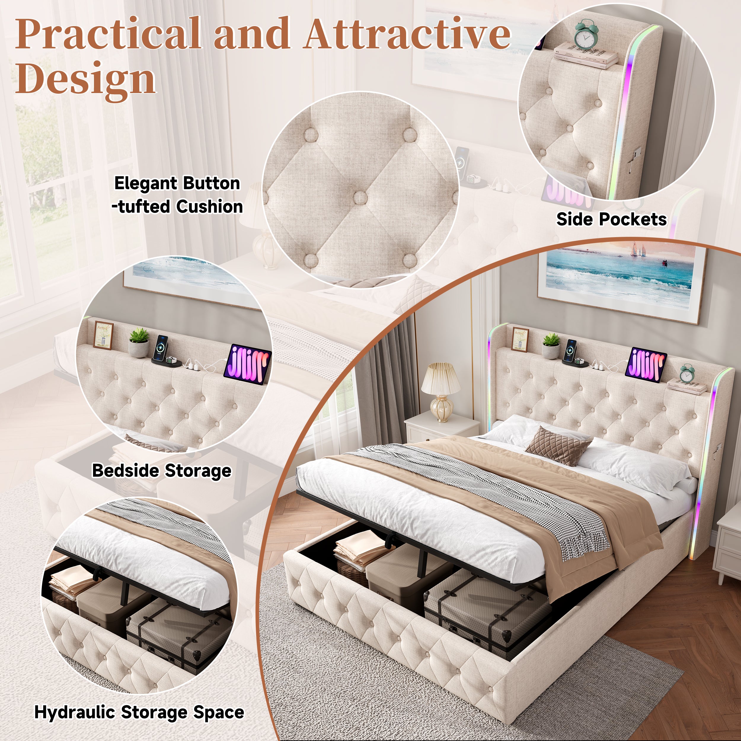 4ft6 Double Upholstered Bed Frame with Hydraulic Storage, LED Headboard with Charging Station and Button-tufted Design, USB and Type-C Ports, Linen, No Box Spring Needed, Beige (No Mattress)