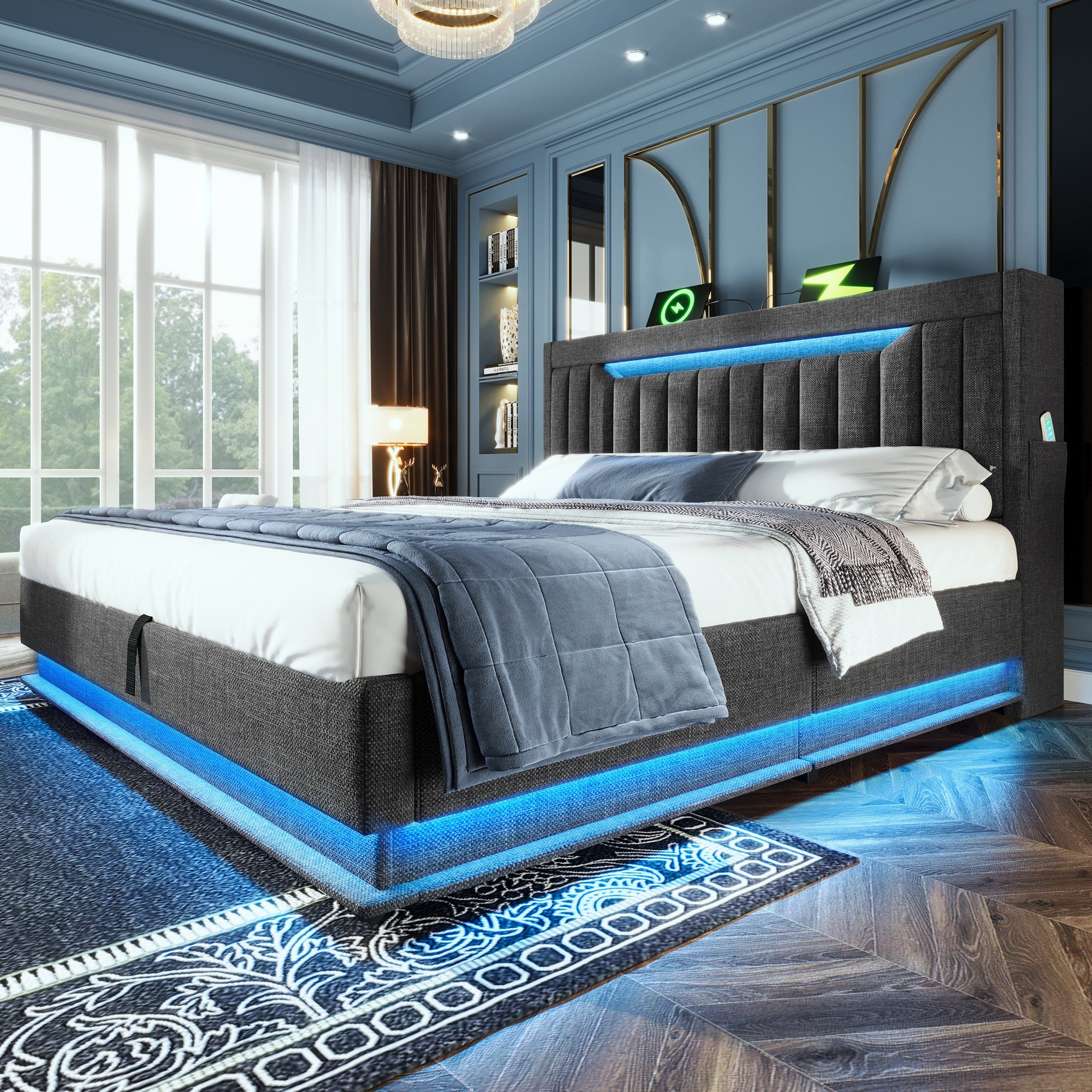 Upholstered Bed 150 x 200 cm with LED Lighting, USB Type-C Charging, Storage Headboard for Cellphones and Tablets, 5ft Hydraulic Storage Bed with Metal Slatted Frame, Linen, Grey (No Mattress)