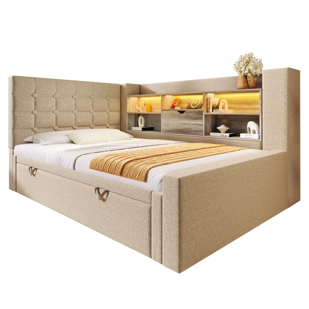 Daybed Upholstered Bed 90 x 190 cm, 3FT Single Sofa Bed with Storage, USB &Type C Charging Station, Pull out Trundle for Living Room and Bedroom, Linen, Beige (No Mattress)