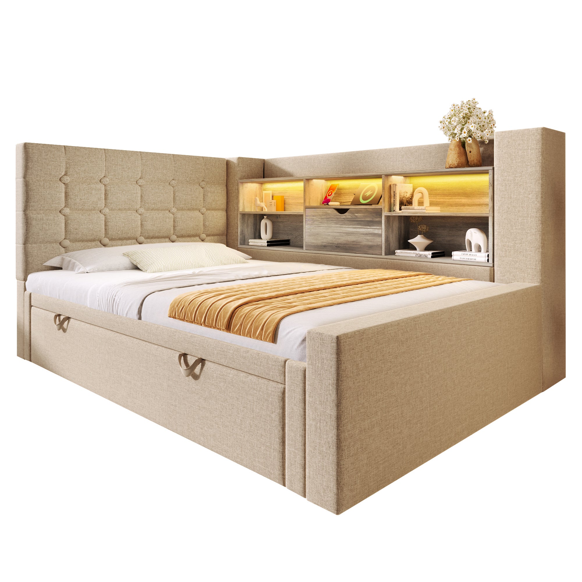 Daybed Upholstered Bed 90 x 190 cm, 3FT Single Sofa Bed with Storage, USB &Type C Charging Station, Pull out Trundle for Living Room and Bedroom, Linen, Beige (No Mattress)