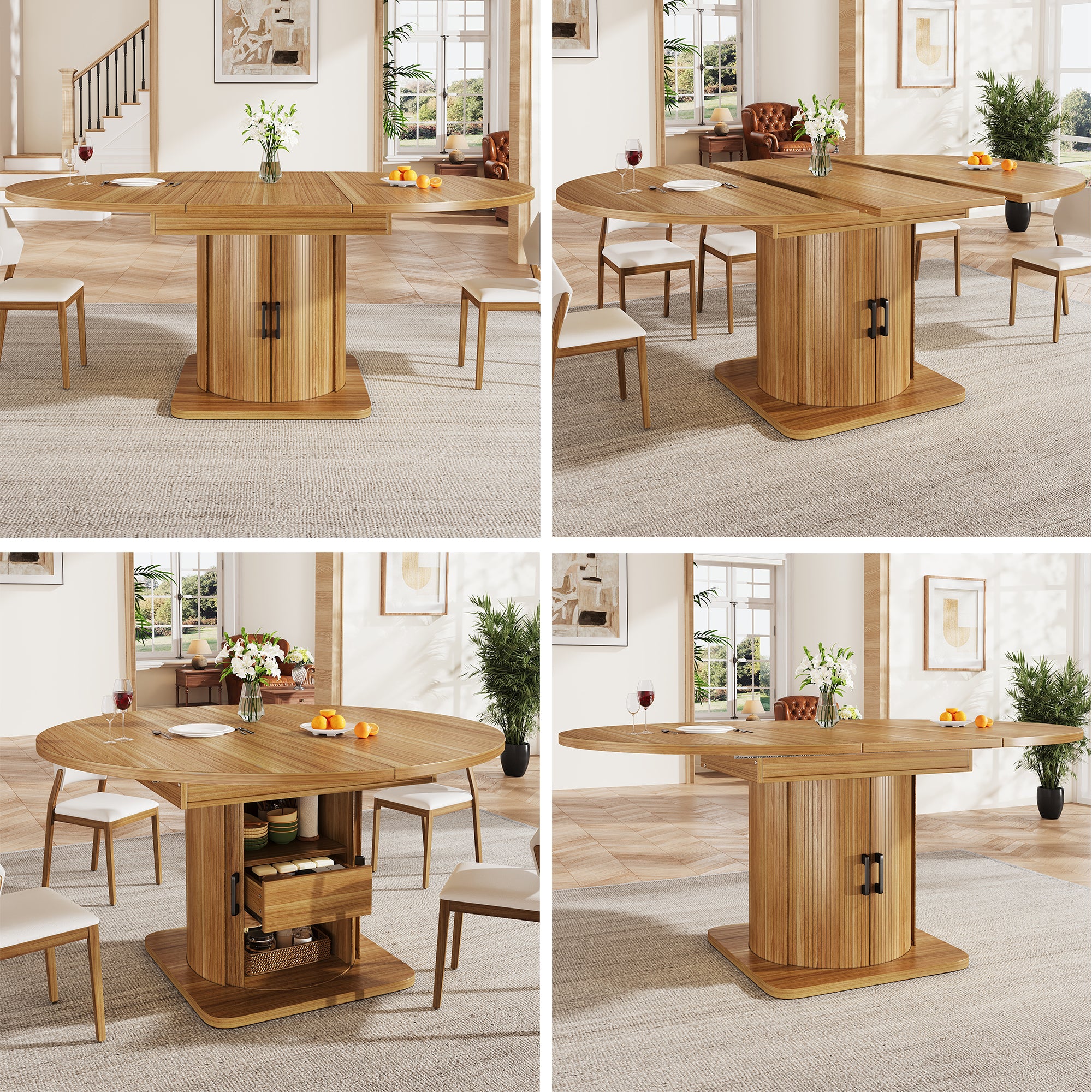 Extendable dining table, dining room table, kitchen table, round dining table, extends to oval, 118-158 cm, seats up to 6 people, dining table with drawers, dark brown