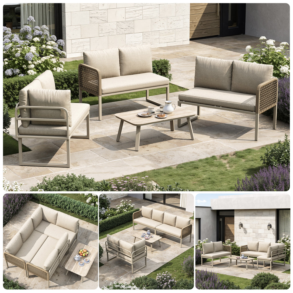 5-6 Seater Garden Furniture Set with Wood-look Tempered Glass Coffee Table, L-Shaped Corner Sofa with Polyester Rope, Weatherproof Outdoor Patio Dining Lounge Set for Balcony and Terrace, Linen, Beige