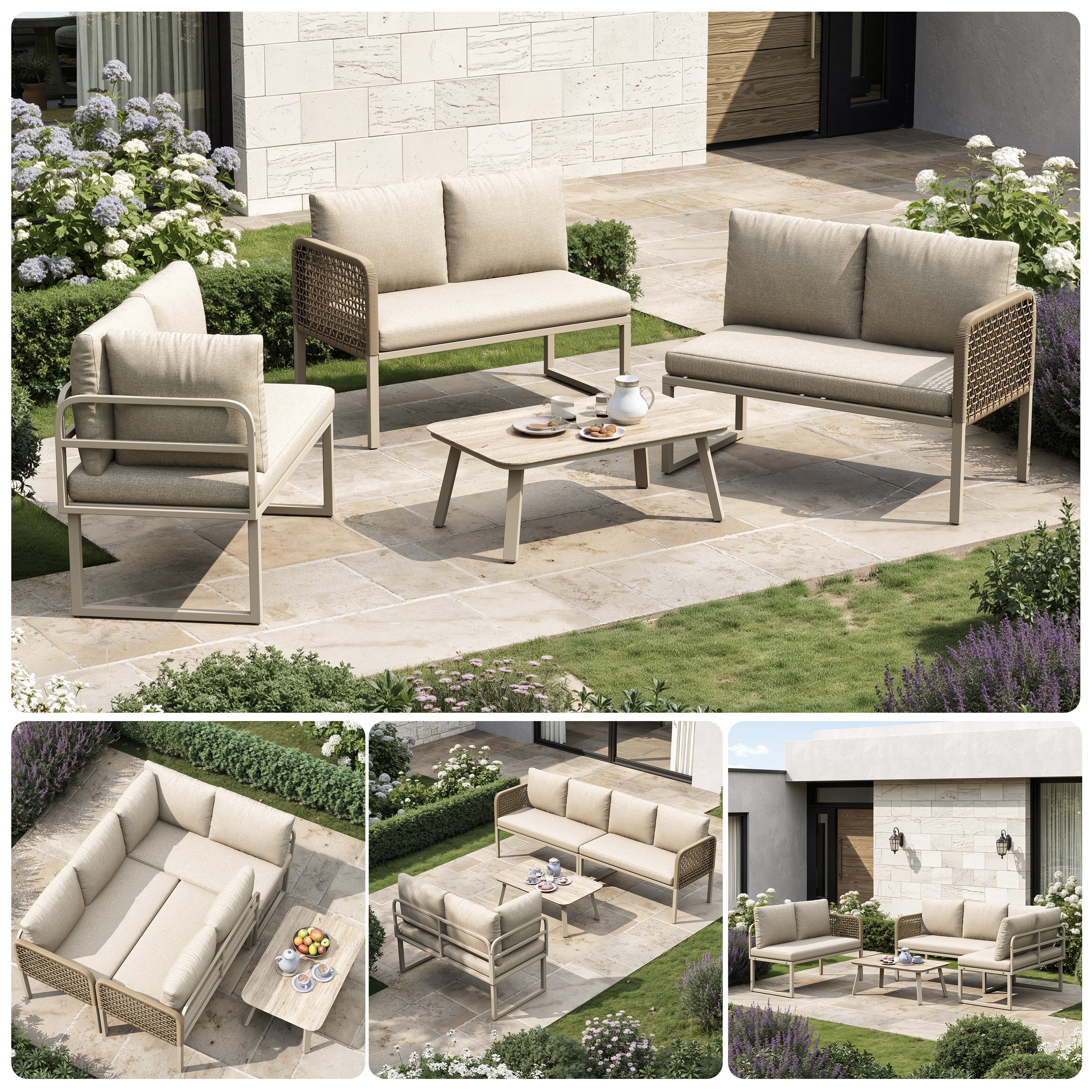 5-6 Seater Garden Furniture Set with Wood-look Tempered Glass Coffee Table, L-Shaped Corner Sofa with Polyester Rope, Weatherproof Outdoor Patio Dining Lounge Set for Balcony and Terrace, Linen, Beige