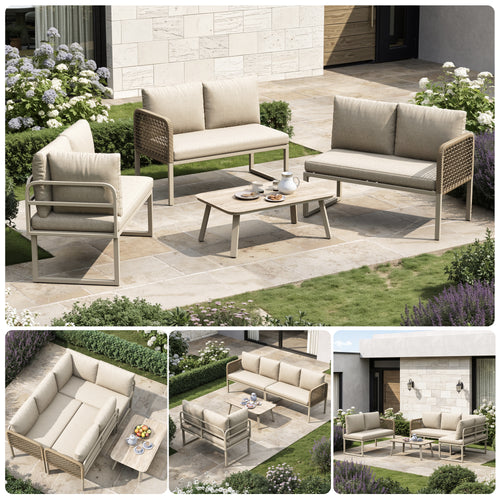 5-6 Seater Garden Furniture Set with Wood-look Tempered Glass Coffee Table, L-Shaped Corner Sofa with Polyester Rope, Weatherproof Outdoor Patio Dining Lounge Set for Balcony and Terrace, Linen, Beige