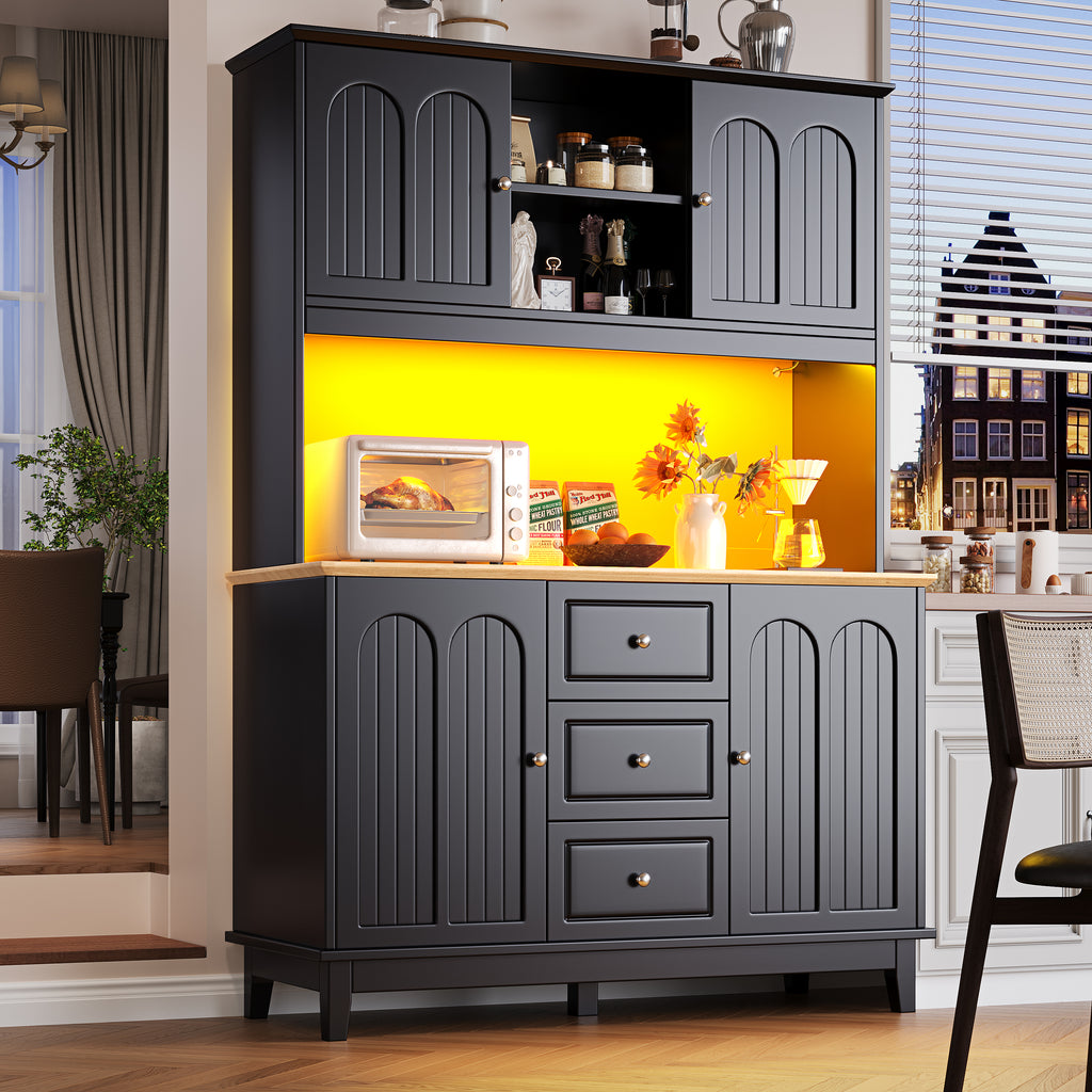 Snack cabinet, kitchen cabinet (120 x 40 x 180 cm), tall kitchen dining cabinet, sideboard, kitchen cabinet with three drawers and LED lighting, suitable for kitchen, living room, dining room, black