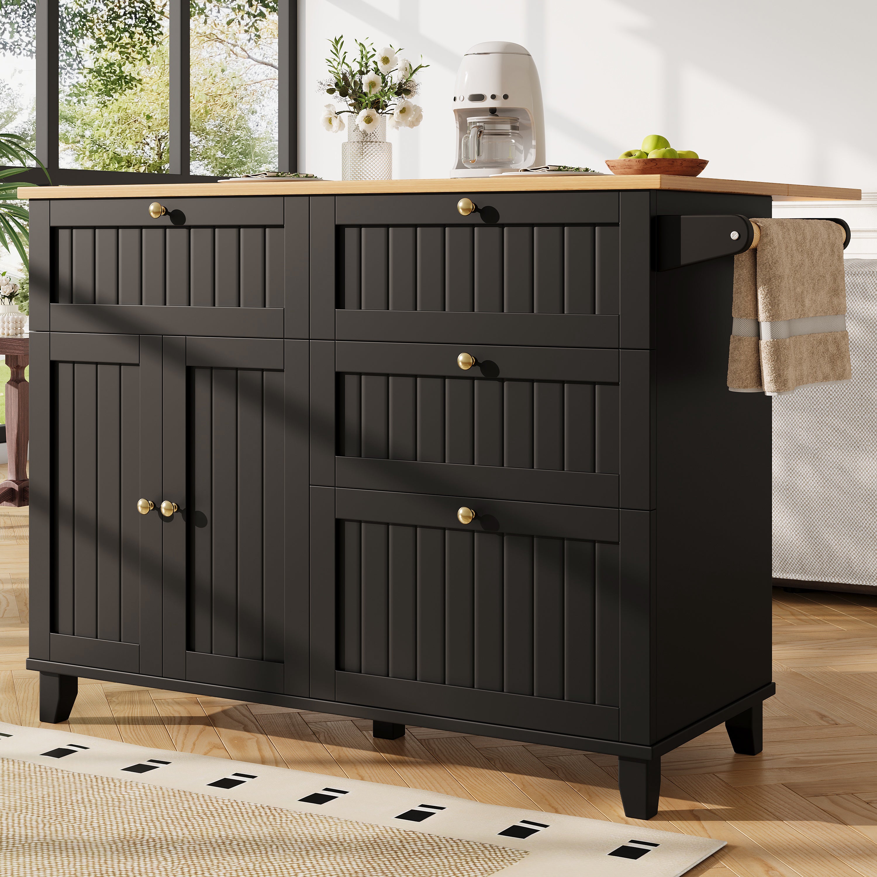 Rolling Mobile Kitchen Island, Table on Wheels with Drawer and Storage Cabinet, Portable Kitchen Island Cart with Drop Leaf, Breakfast Bar, Towel Rack, Black