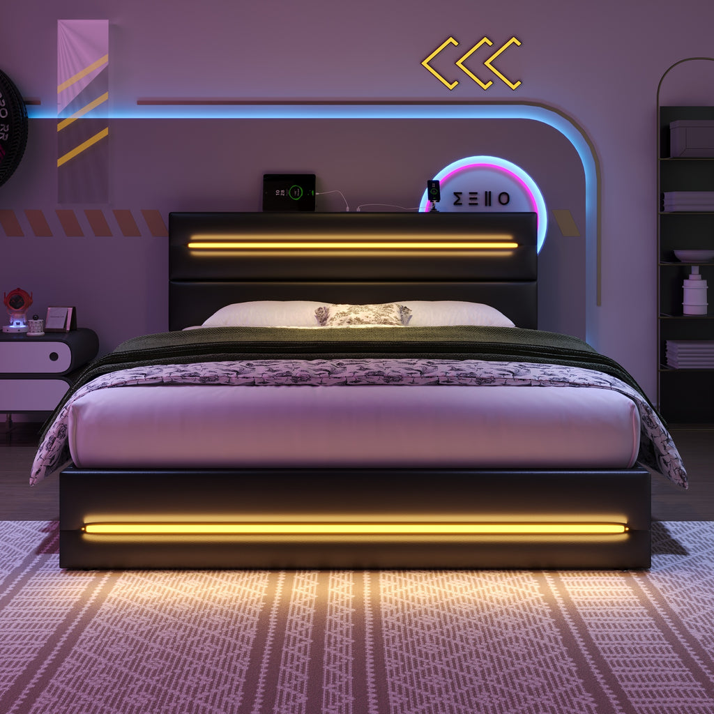 4ft6 Double Upholstered Bed Frame with Hydraulic Storage, PU Ottoman Bed with LED Lighting and Charging Station, LED Adjustable Headboard with USB and Type - C Ports, Black (No Mattress)