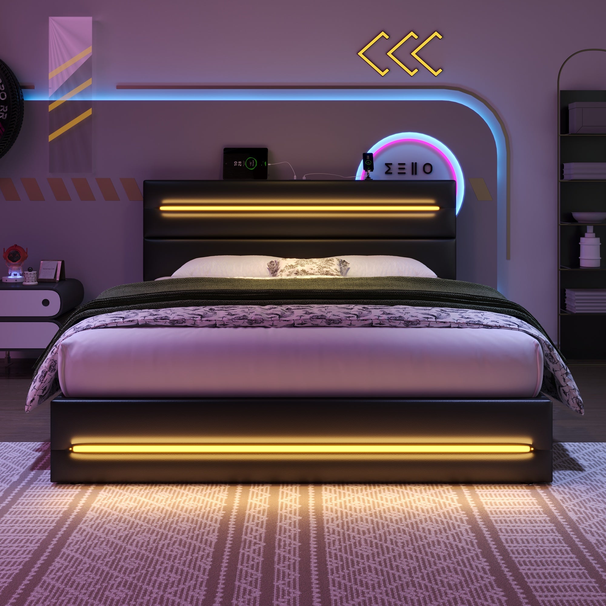 5ft King Upholstered Bed Frame with Hydraulic Storage, PU Ottoman Bed with LED Lighting and Charging Station, LED Adjustable Headboard with USB and Type - C Ports, Black (No Mattress)