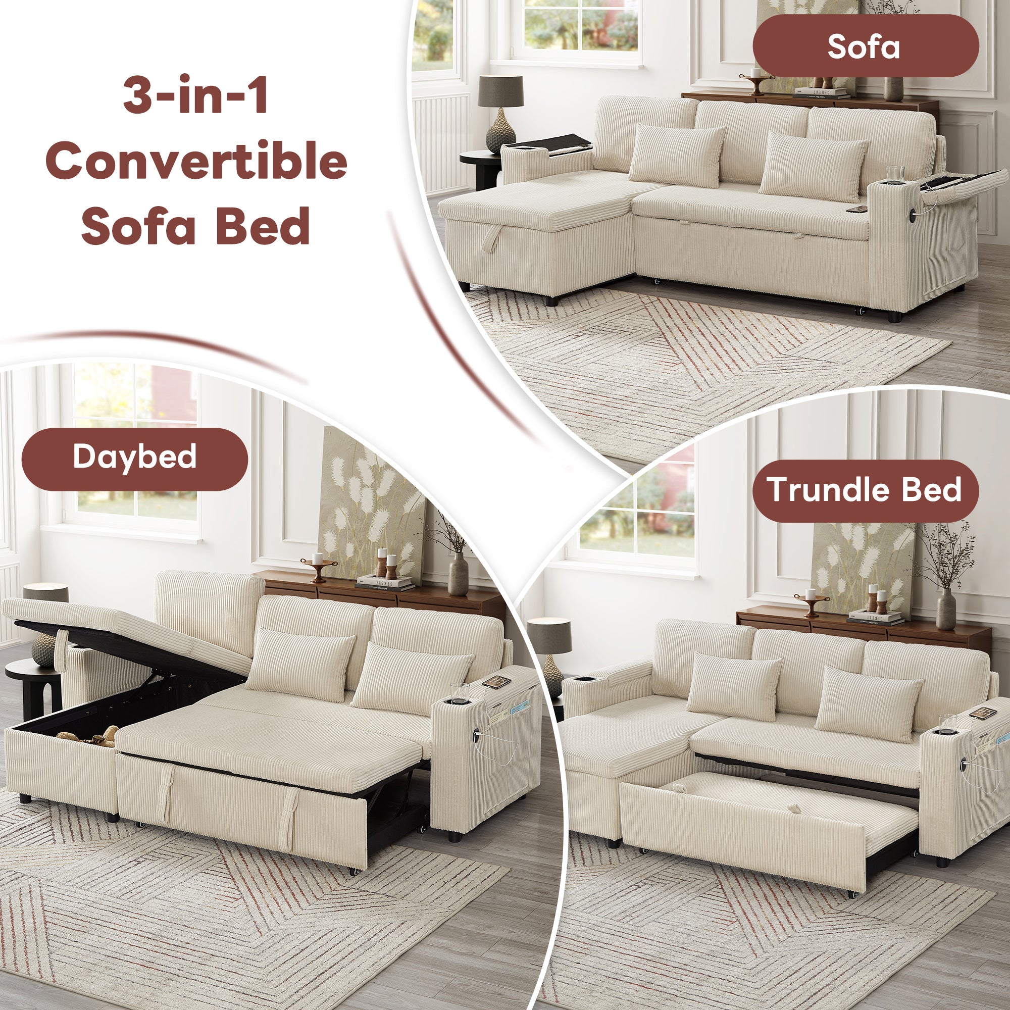 3 in 1 Convertible Corduroy Sofa Bed with Storage Chaise, L Shaped Sleeper Sofa Couches with Armrest Storage and Charging Station. Pullout Sectional Daybed for Living Room/Bedroom/Office, Beige