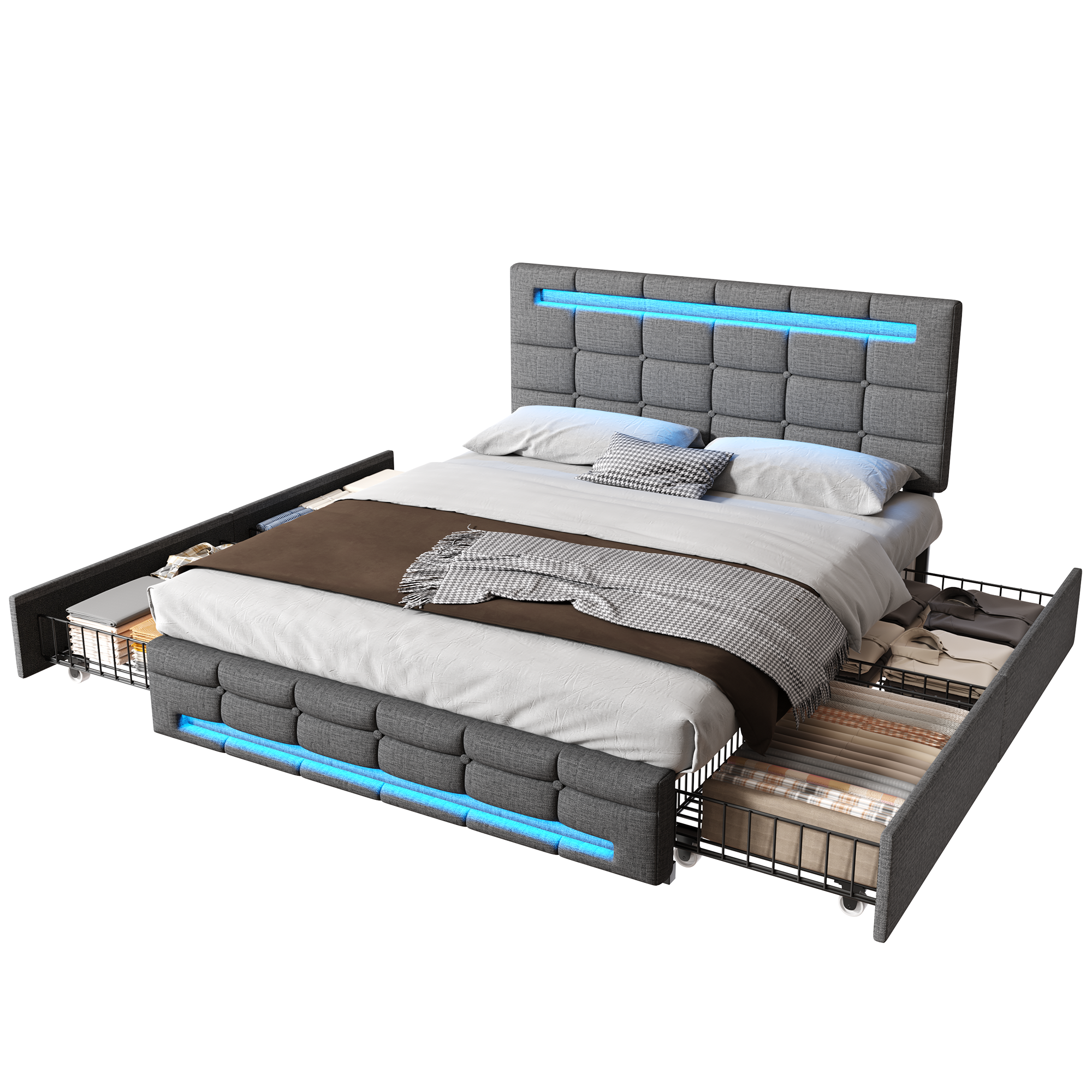 4ft6 Double Upholstered Bed with LED Lighting and Storage Drawers, Linen Fabric Storage Bed Frame with Adjustable Button Tufted Headboard, No Box Spring Needed, Easy Assembly, Grey (No Mattress)