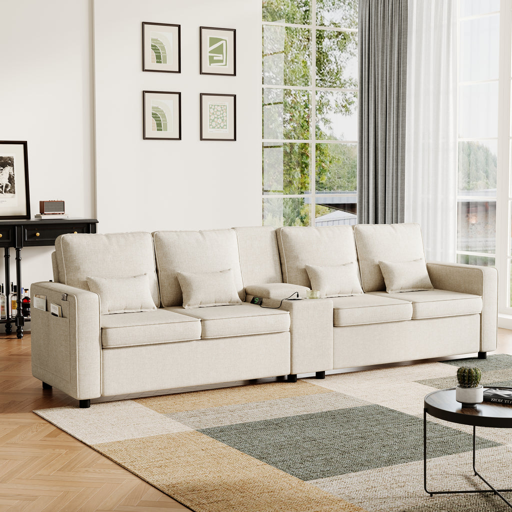 4-Seater Modern Sofa with Storage Console, Minimalist Style Couch with Side Pockets, Cup Holders and Charging Ports (USB & Type-C), for Living Room, Apartment, Office,Beige, Linen Fabric