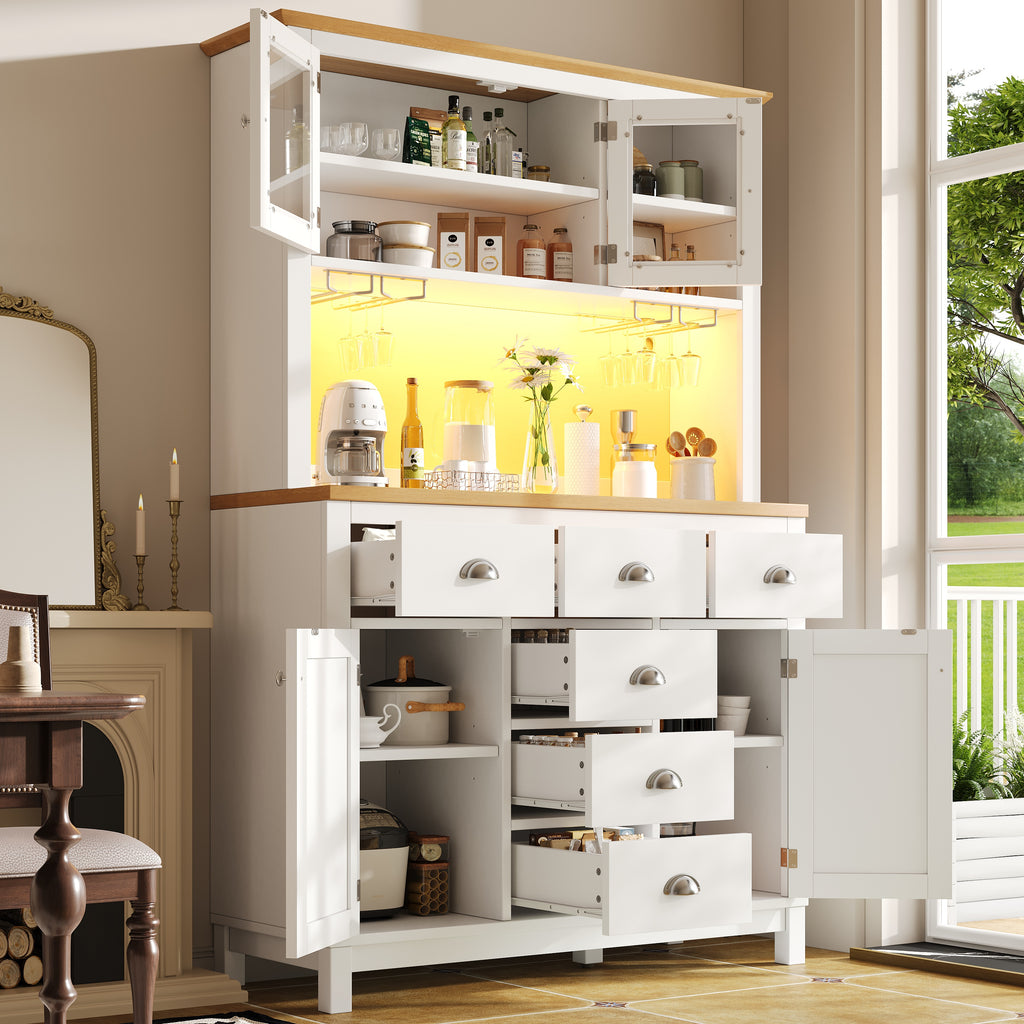 Sideboard / Storage Cabinet / Kitchen Cabinet / Buffet Cabinet, 104x40x180cm, Farmhouse Style, 5 Doors, with LED Light Strip & Drink Holders, Green/White