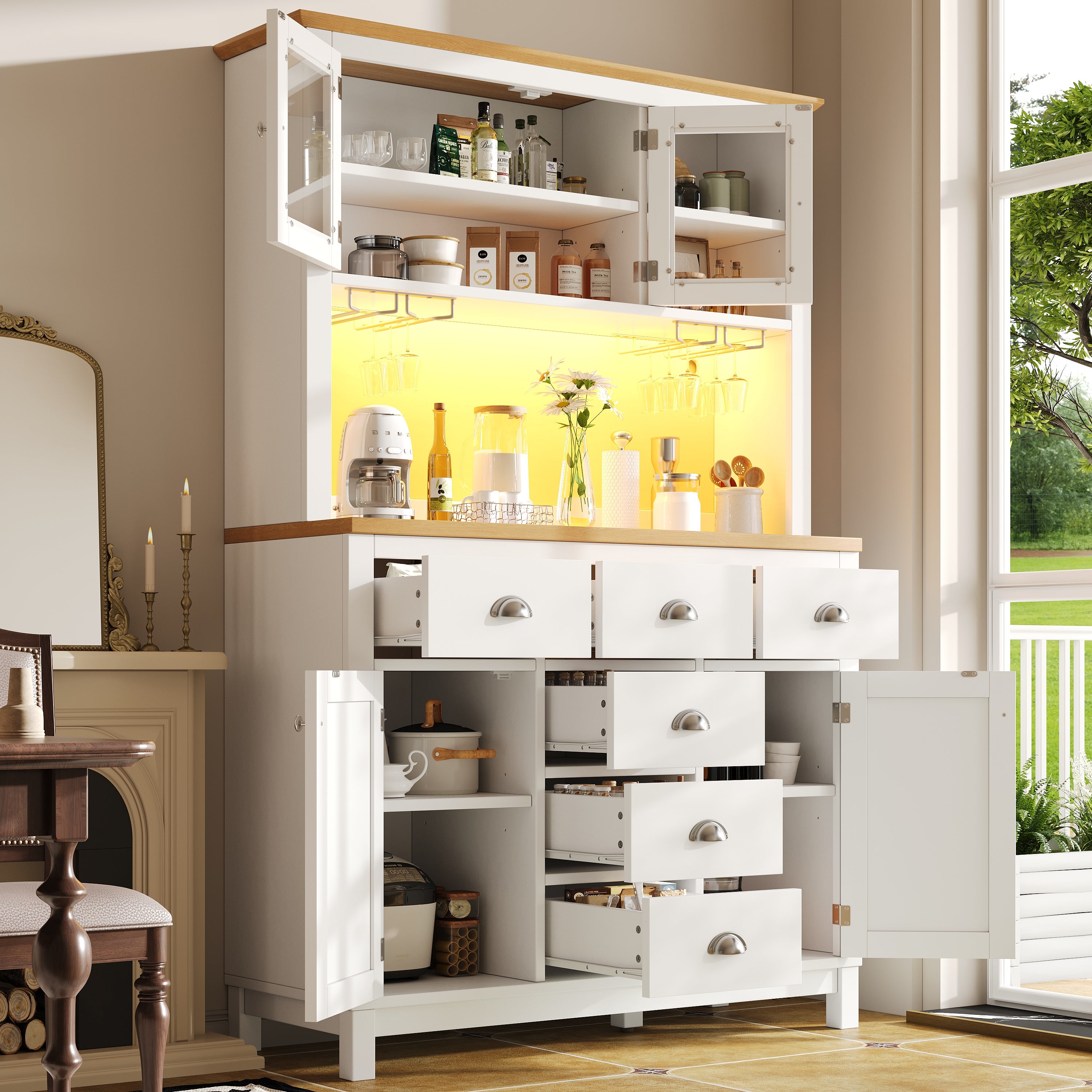Sideboard / Storage Cabinet / Kitchen Cabinet / Buffet Cabinet, 104x40x180cm, Farmhouse Style, 5 Doors, with LED Light Strip & Drink Holders, Green/White