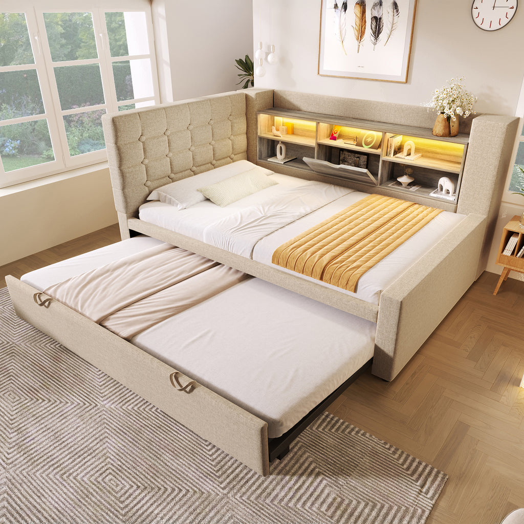  Daybed Upholstered Bed 90 x 190 cm, 3FT Single Sofa Bed with Storage, USB &Type C Charging Station, Pull out Trundle for Living Room and Bedroom, Linen, Beige (No Mattress)