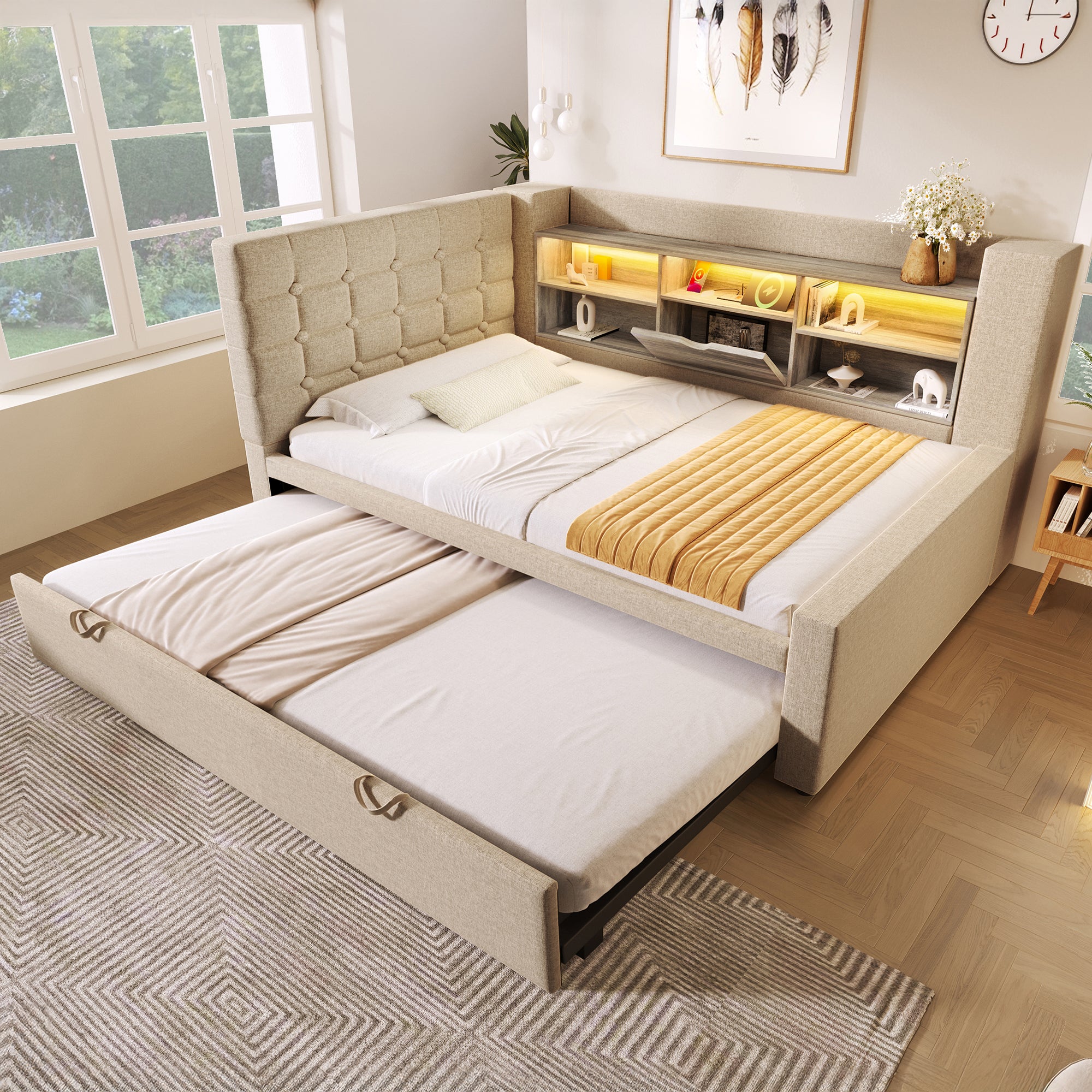  Daybed Upholstered Bed 90 x 190 cm, 3FT Single Sofa Bed with Storage, USB &Type C Charging Station, Pull out Trundle for Living Room and Bedroom, Linen, Beige (No Mattress)