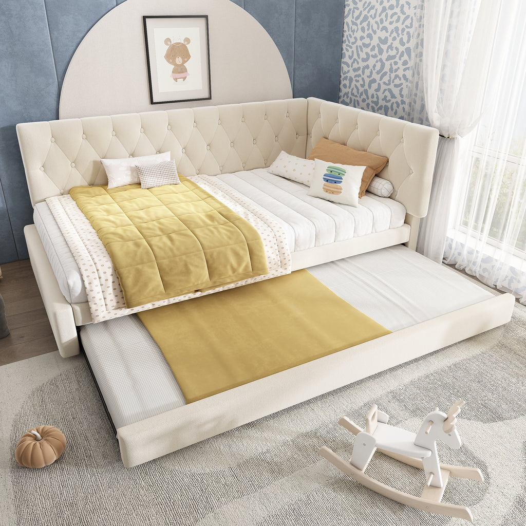Upholstered Bed Daybed with Pull-Out Bed, 3FT Single Sofa Bed 90 x 190 cm, Ottoman Bed Trundle Beds for Adults and Kids, Bed with Slatted Frame, Velvet, Beige (No Mattress)