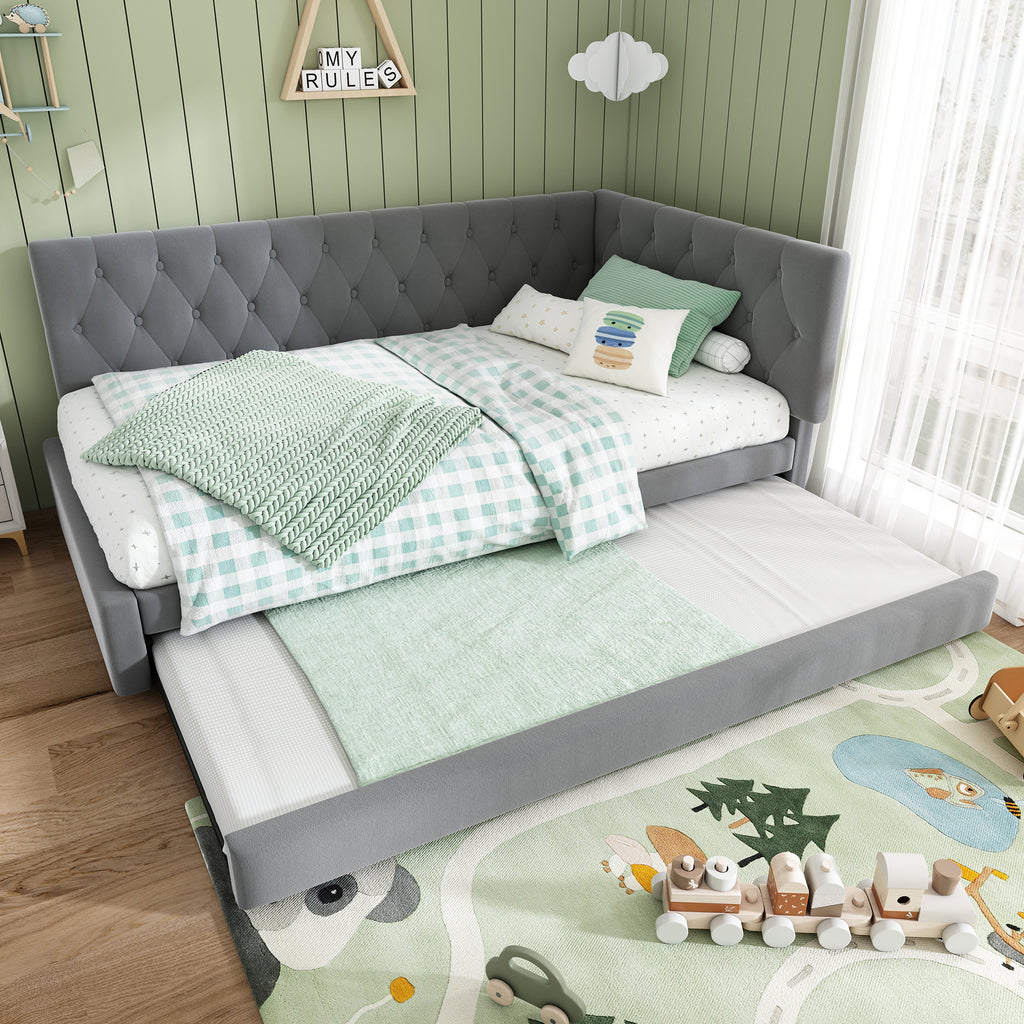 Upholstered Bed Daybed with Pull-Out Bed, 3FT Single Sofa Bed 90 x 190 cm, Ottoman Bed Trundle Beds for Adults and Kids, Bed with Slatted Frame, Velvet, Grey (No Mattress)