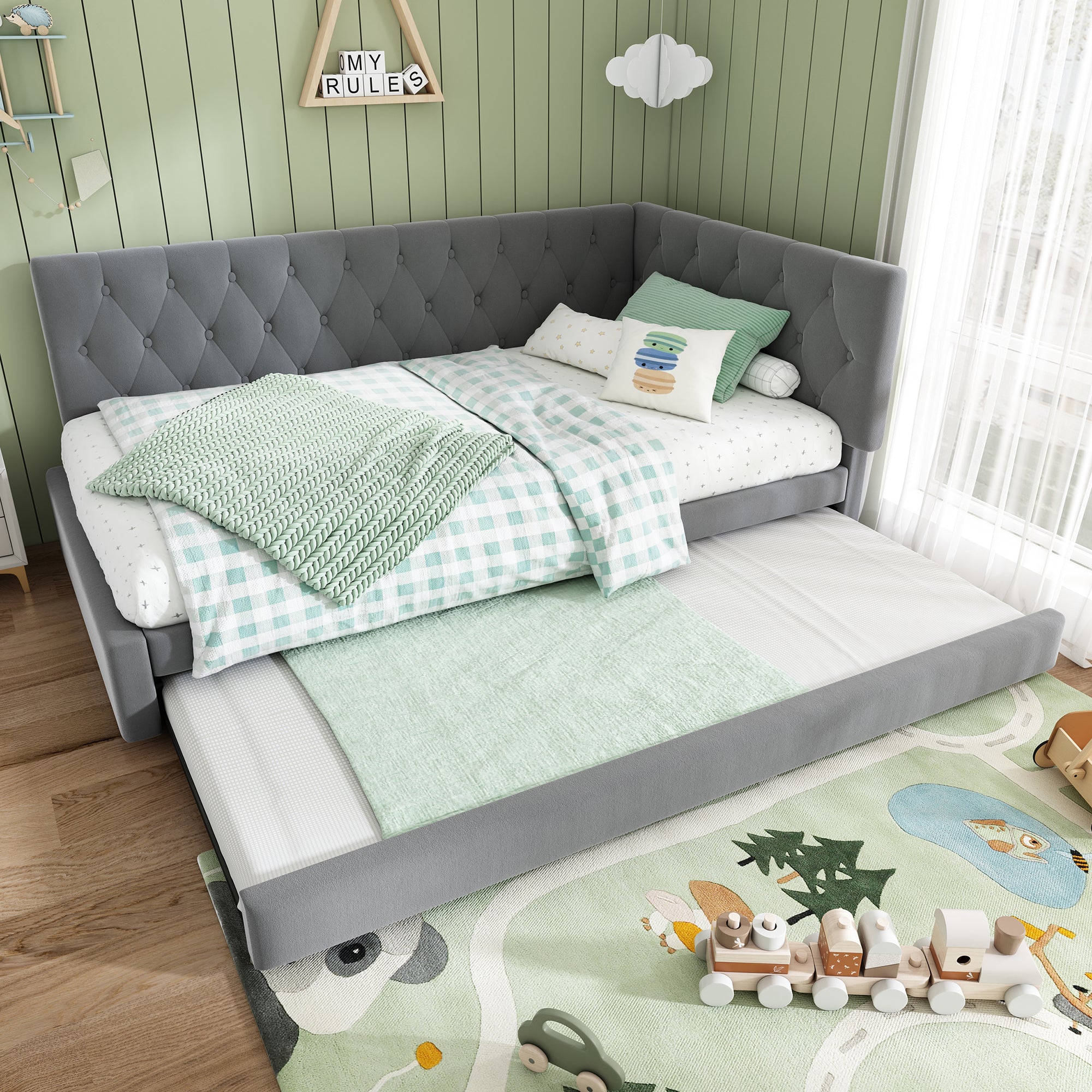 Upholstered Bed Daybed with Pull-Out Bed, 3FT Single Sofa Bed 90 x 190 cm, Ottoman Bed Trundle Beds for Adults and Kids, Bed with Slatted Frame, Velvet, Grey (No Mattress)