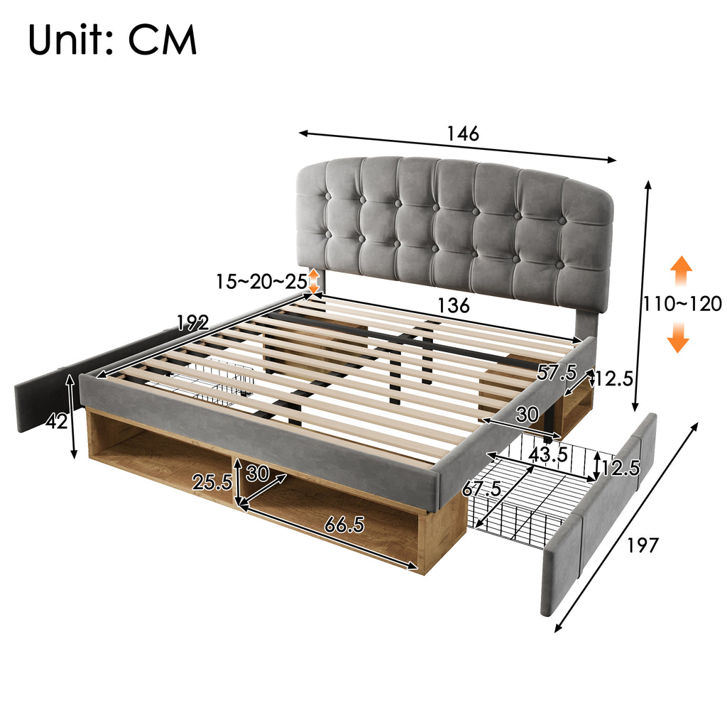 Upholstered Double Bed with Storage Compartments and Drawers, 4ft6 Double Bed with Adjustable Headboard, 135 x 190 cm, Velvet, Grey (No Mattress)
