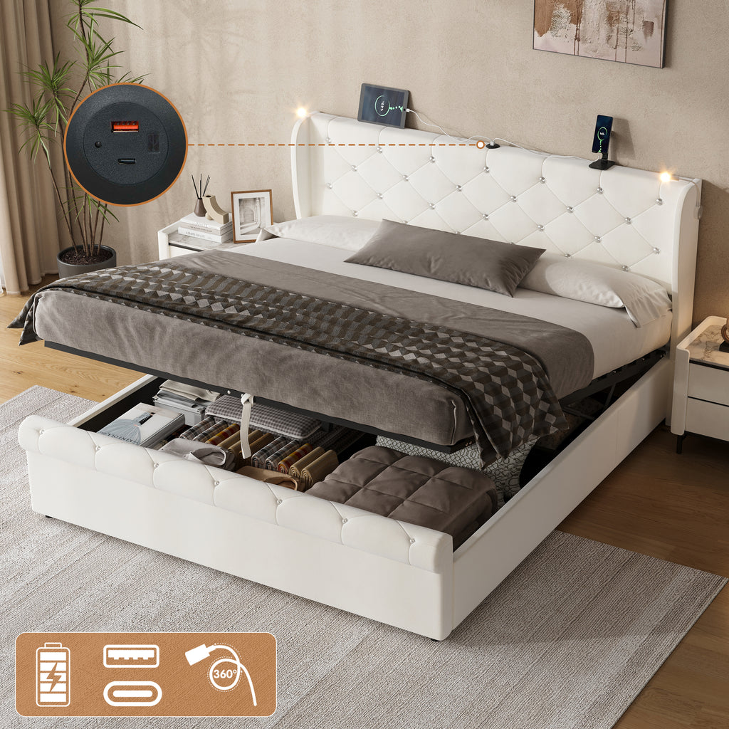 5ft King Upholstered Bed Frame with Hydraulic Storage,  Diamond Tufted Headboard with Charging Station and Reading Light, USB and Type - C Ports, Velvet, Beige (No Mattress)