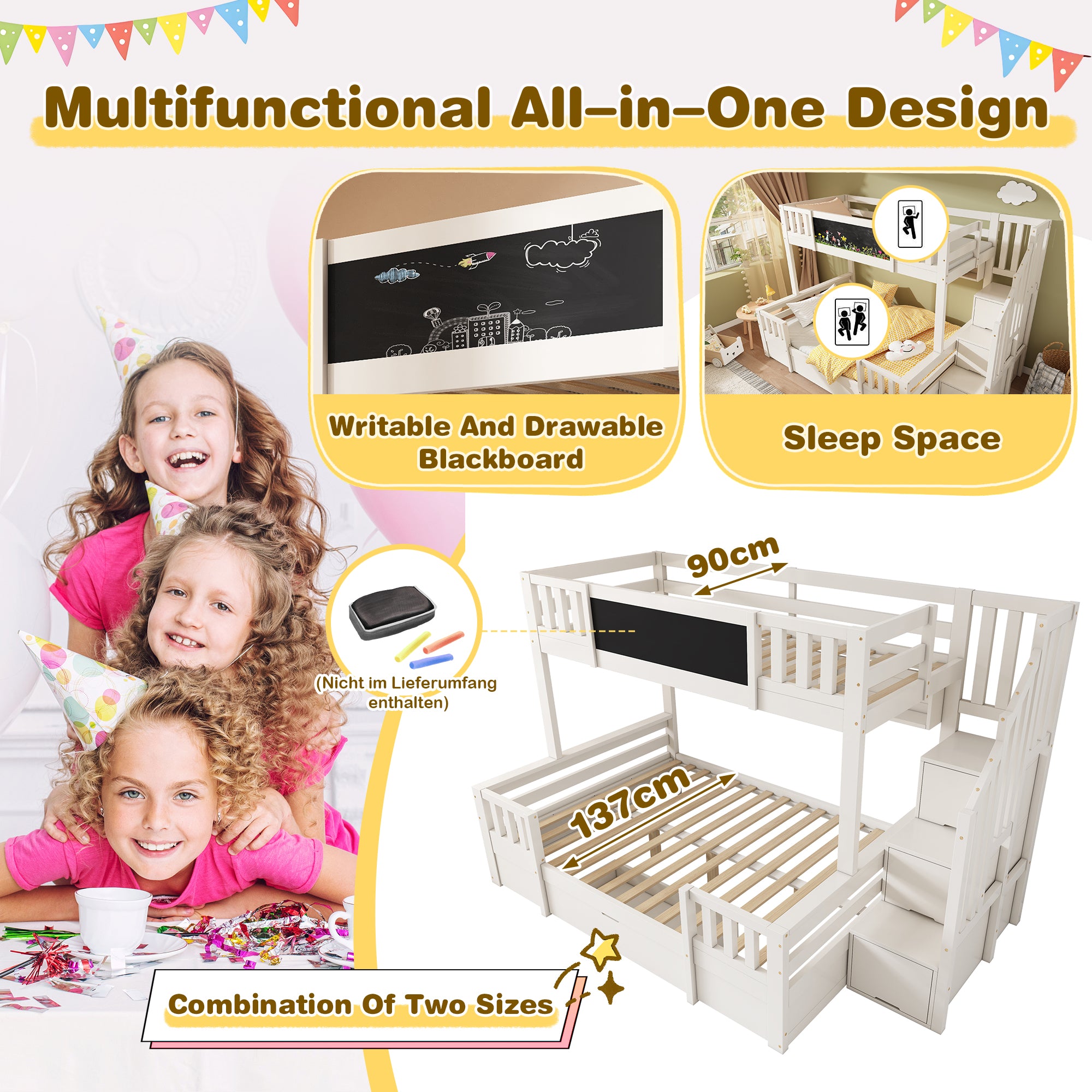 Bunk Beds for Kids, Staircase Bunk with Drawers and Chalkboard, Children's Bed with Storage Space, Double Bunk Bed for Family with Multiple Children, (90+135) x 190 cm, Solid Wood, White