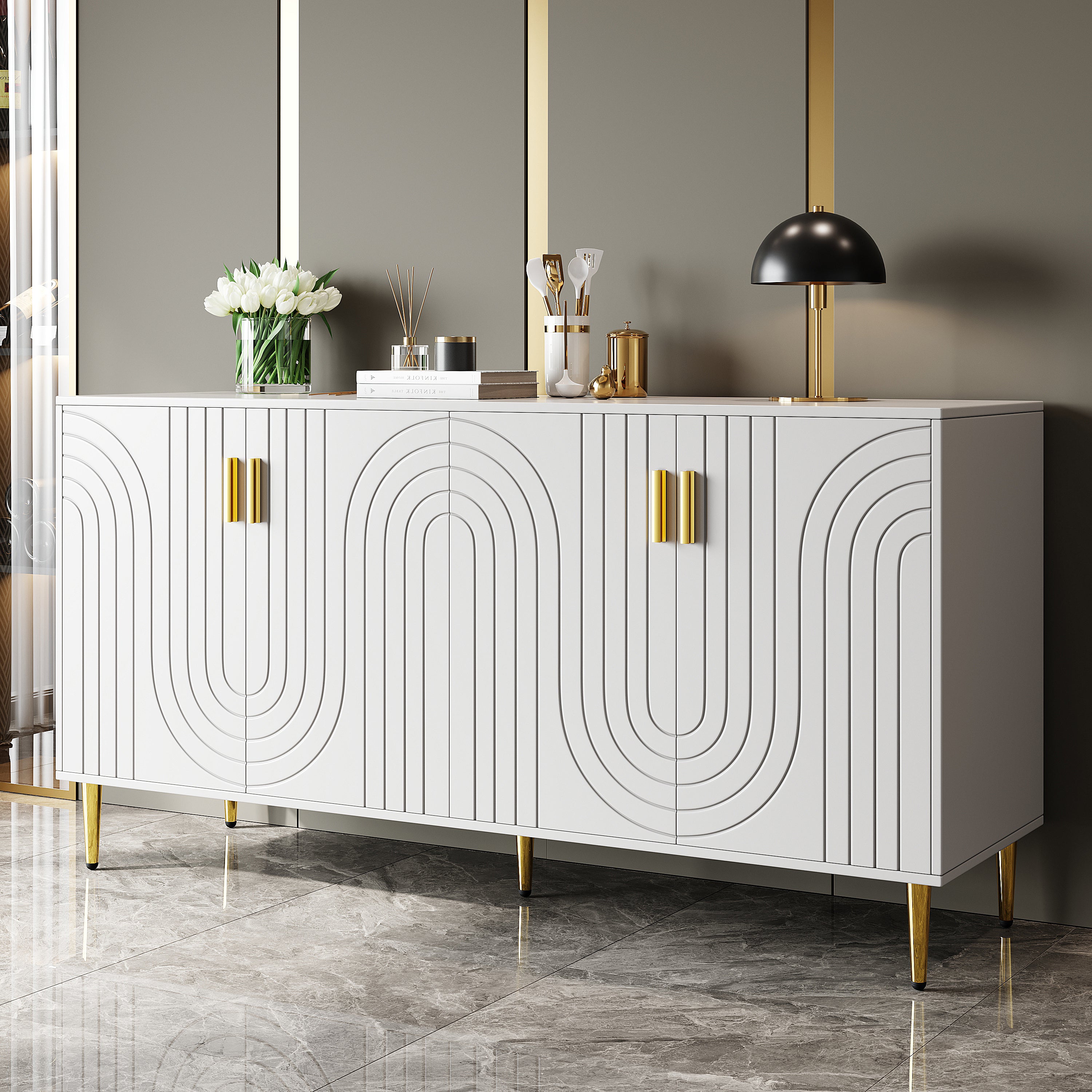 White sideboard (152 x 40 x 75 cm) with unique wave design and golden handles and feet, creating an elegant dining area