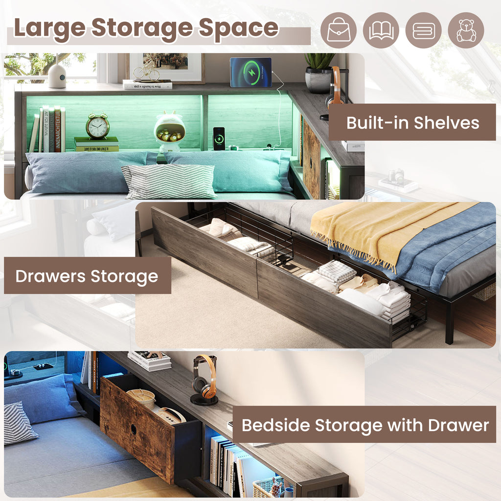3ft Single Metal and Wood Bed with RGB LED Lights & Charging Station (USB & Type-C), Built-in Shelves and Bedside Storage, Two Storage Drawers, Two Assembly Methods, Grey, Rustic Brown (No Mattress)
