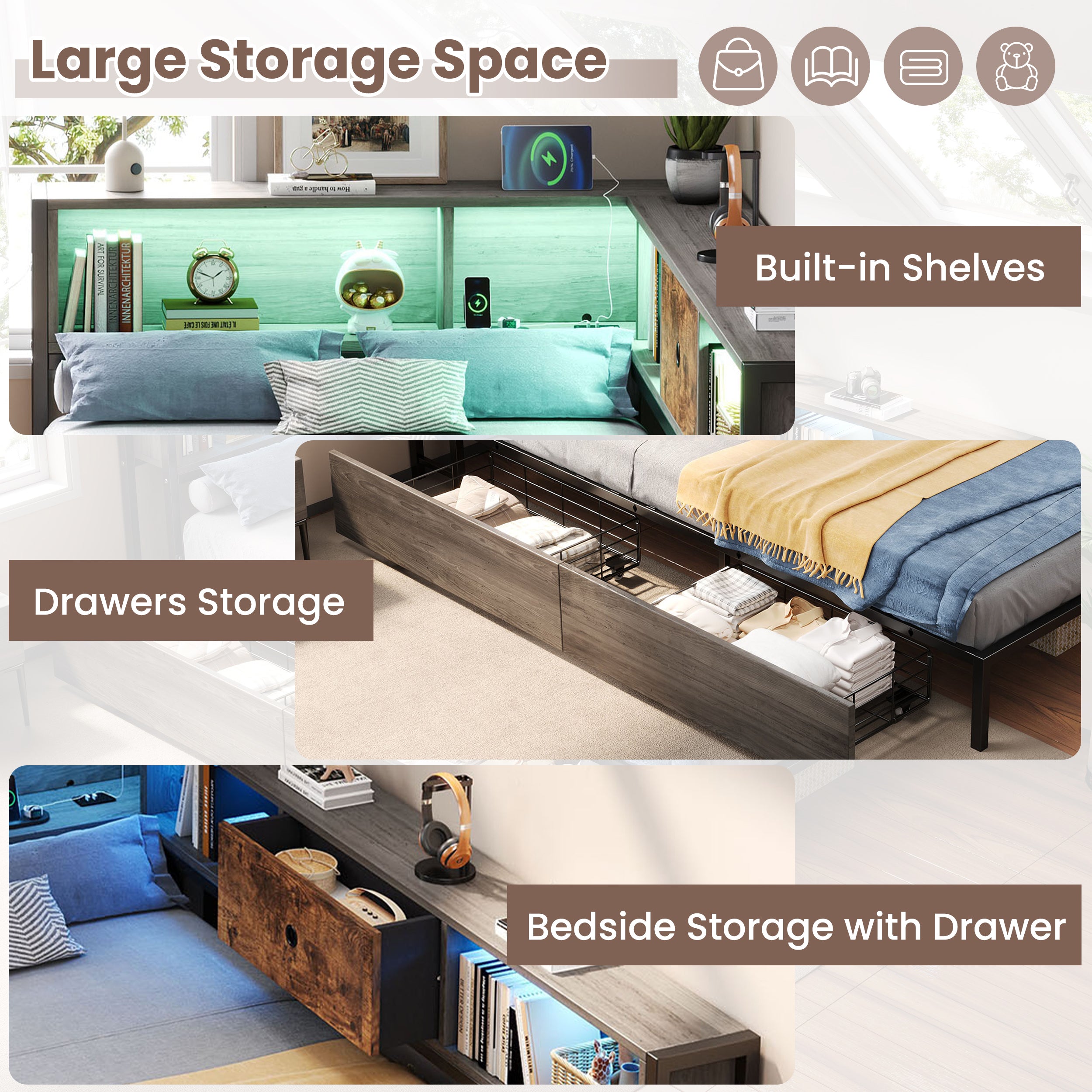 3ft Single Metal and Wood Bed with RGB LED Lights & Charging Station (USB & Type-C), Built-in Shelves and Bedside Storage, Two Storage Drawers, Two Assembly Methods, Grey, Rustic Brown (No Mattress)