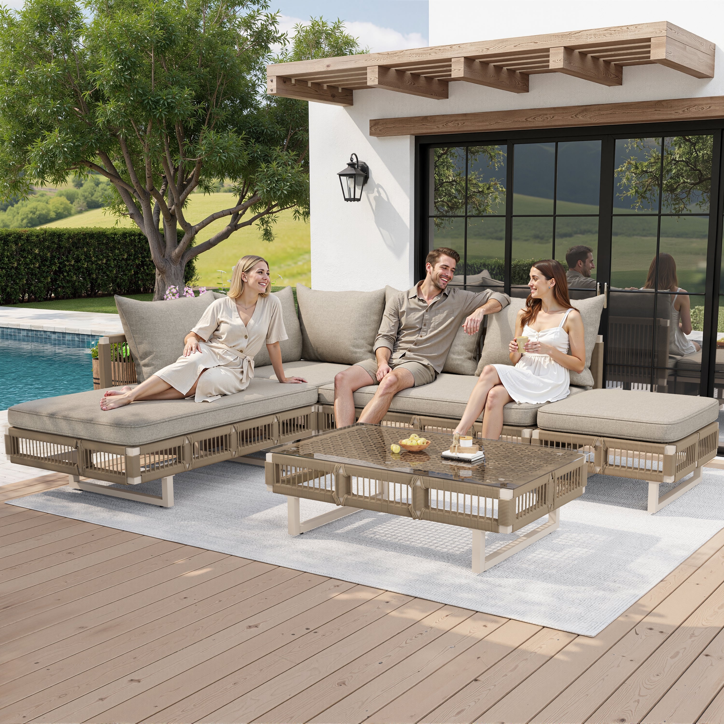 Modular Rope-Woven Outdoor Sofa Set with Tempered Glass Coffee Table, 10cm Thick Cushions, for Patio & Poolside