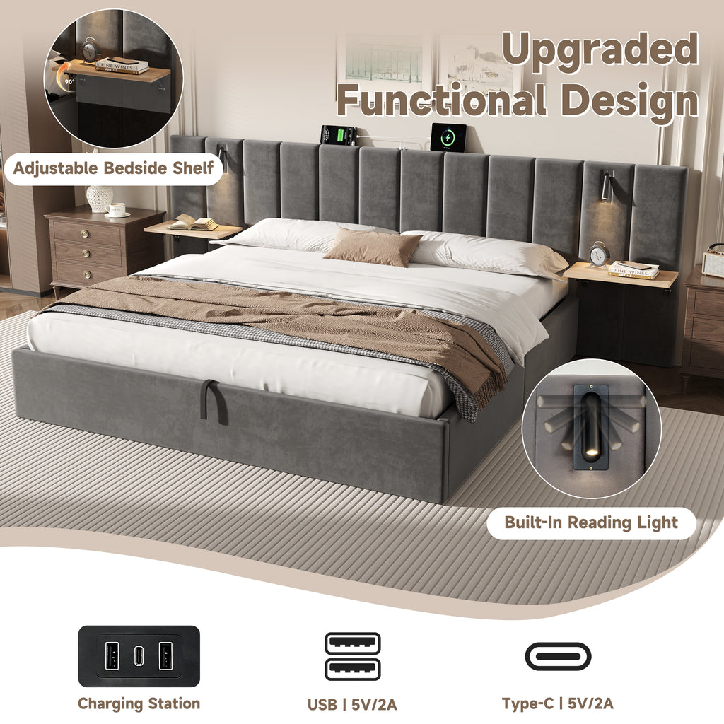 Super King Upholstered Bed with Charging Station, Velvet Hydraulic Storage Bed with Reading Light, 6ft King Bed Frame with Channel Tufted Headboard and Adjustable Bedside Shelf, Grey (No Mattress)