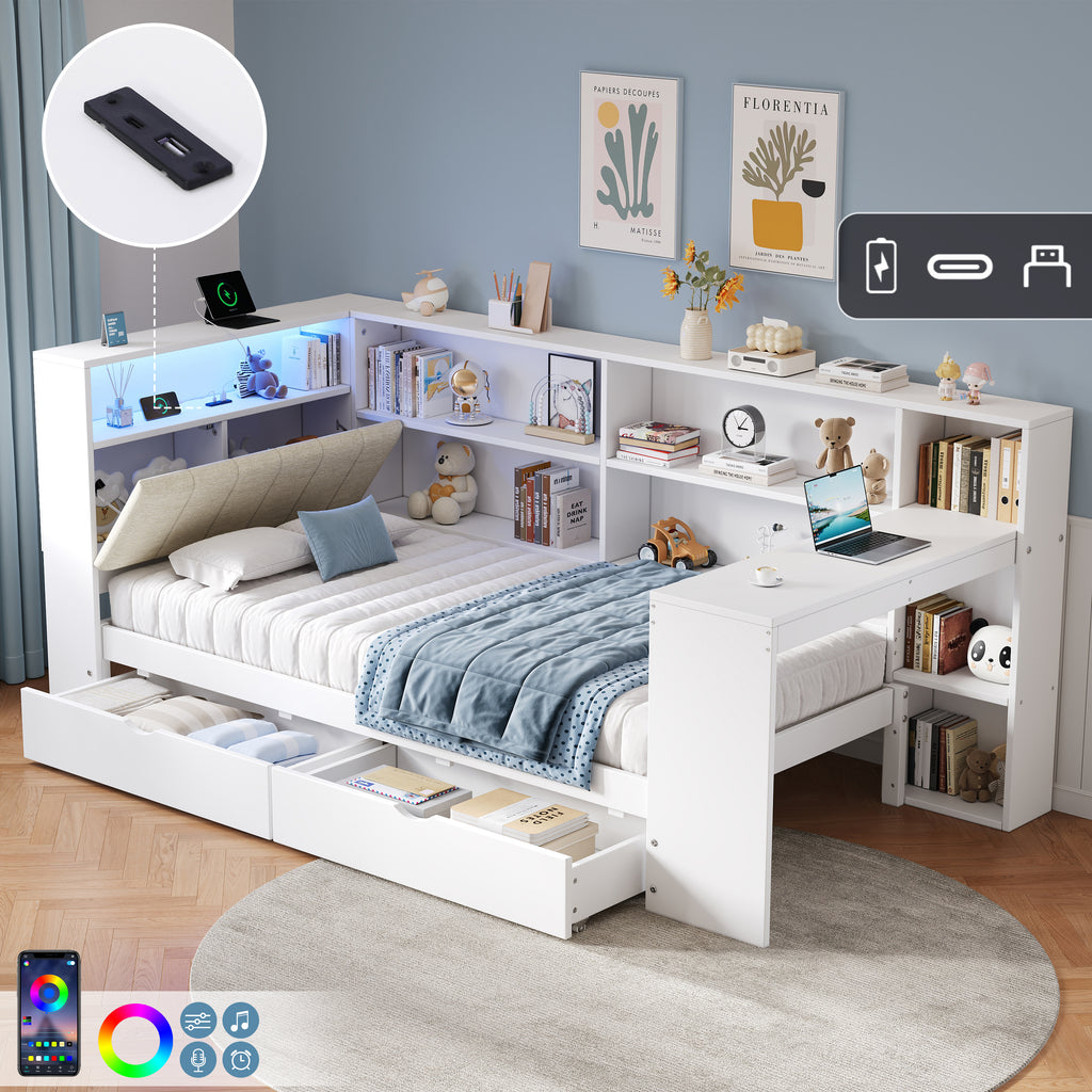 3ft Single L-Shape Daybed with Storage Drawers and Bookcase Storage, LED Linen Concealed Headboard Storage with Charging Station, Wood Bed for Living Room/ Bedroom/ Study Room, White (No Mattress)