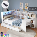 3ft Single L-Shape Daybed with Storage Drawers and Bookcase Storage, LED Linen Concealed Headboard Storage with Charging Station, Wood Bed for Living Room/ Bedroom/ Study Room, White (No Mattress)