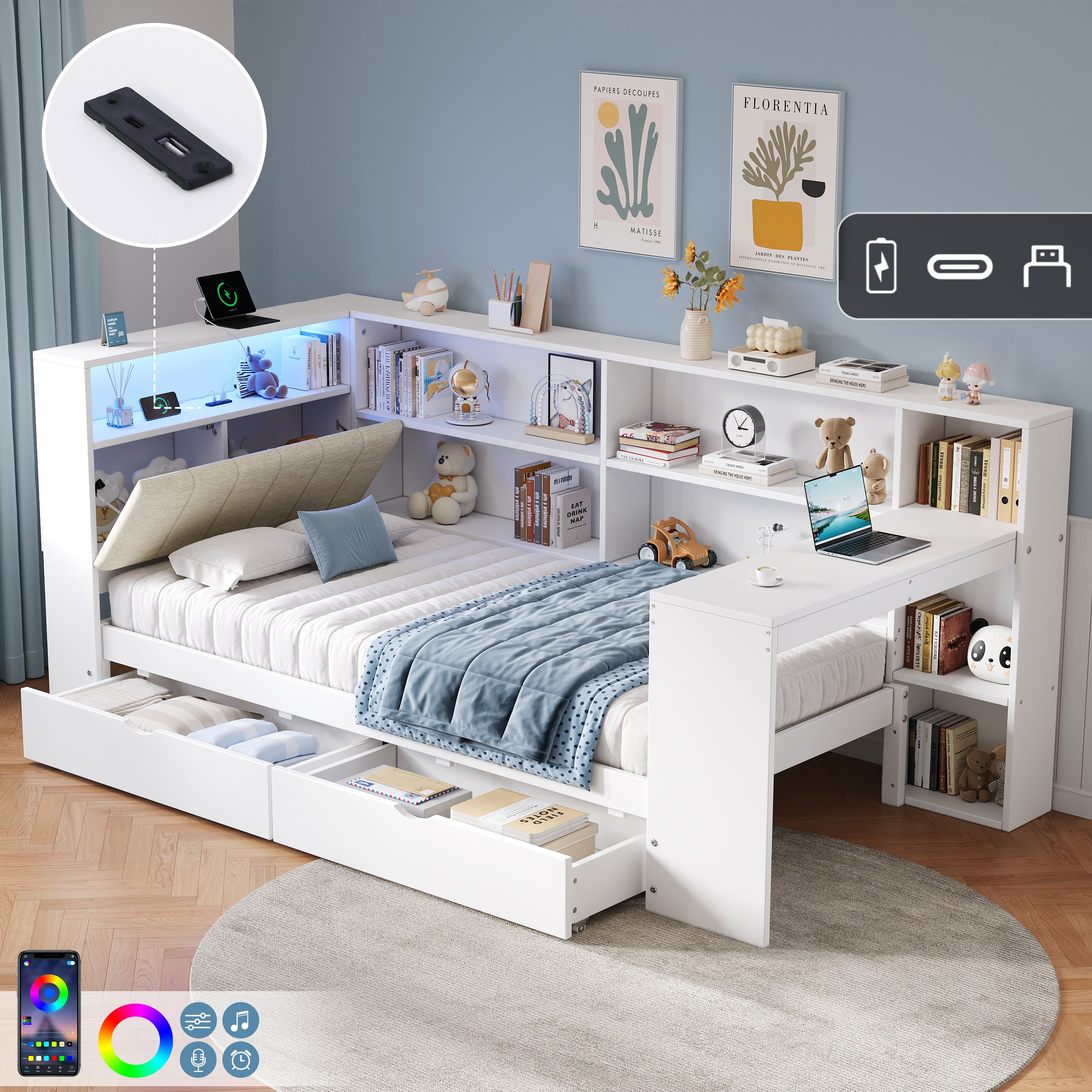 3ft Single L-Shape Daybed with Storage Drawers and Bookcase Storage, LED Linen Concealed Headboard Storage with Charging Station, Wood Bed for Living Room/ Bedroom/ Study Room, White (No Mattress)