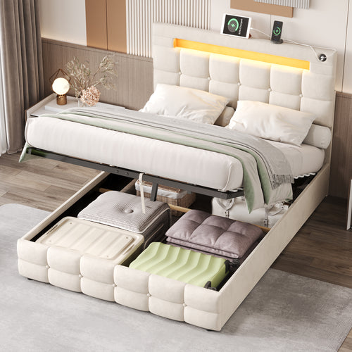 4ft6 Double Upholstered Bed Frame with Hydraulic Storage, Velvet Ottoman Bed with LED Lighting and Charging Station,  Double Bed with Adjustable Button Tufted Headboard, Beige (No Mattress)