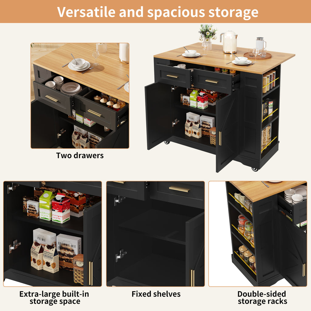 Kitchen Island on Wheels, Rolling Island Cart with 2 Drawers and Double-Sided Storage Racks, Storage Cabinet with Foldable Worktop, Mobile Carts, Portable Trolley for Home and Kitchen, Black