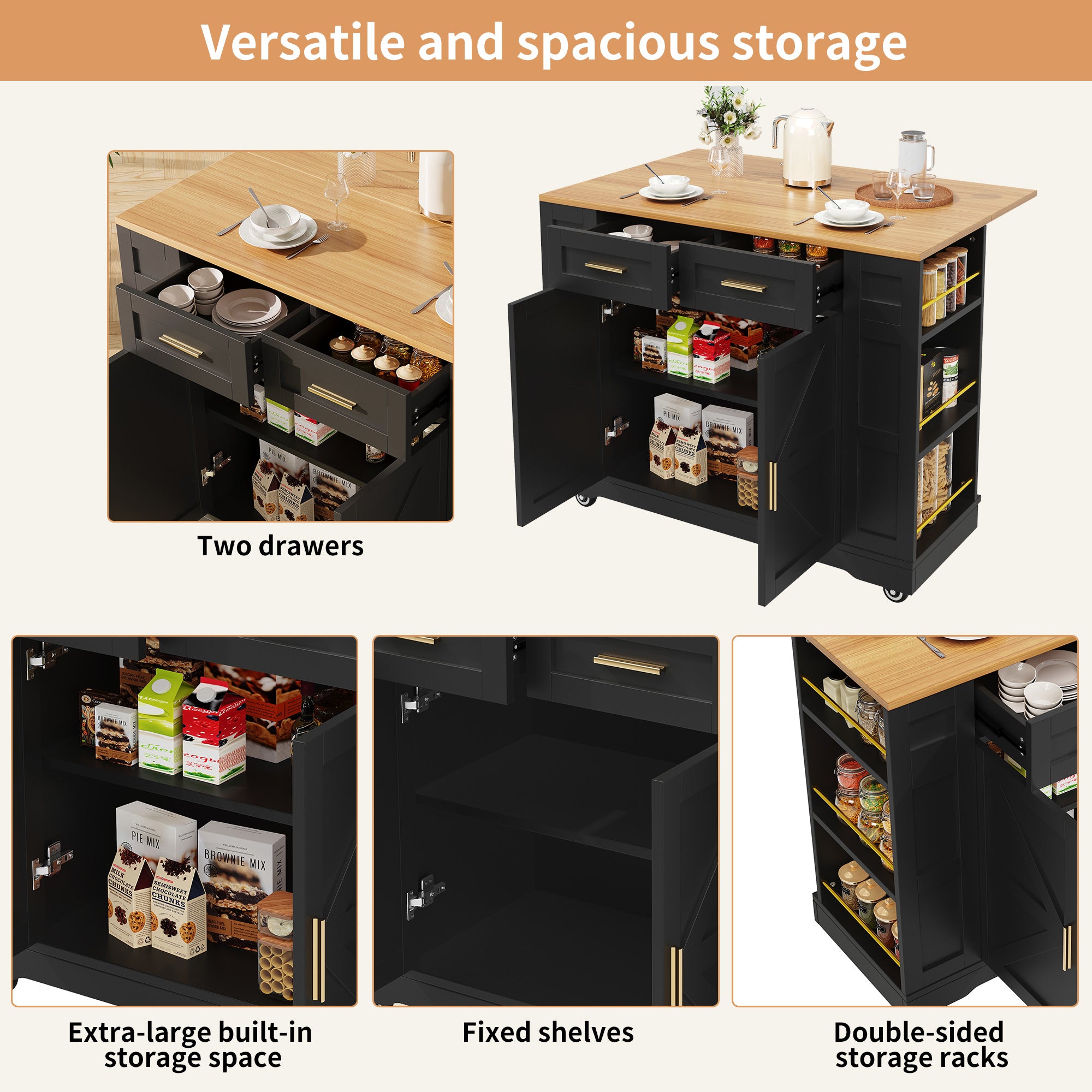 Kitchen Island on Wheels, Rolling Island Cart with 2 Drawers and Double-Sided Storage Racks, Storage Cabinet with Foldable Worktop, Mobile Carts, Portable Trolley for Home and Kitchen, Black