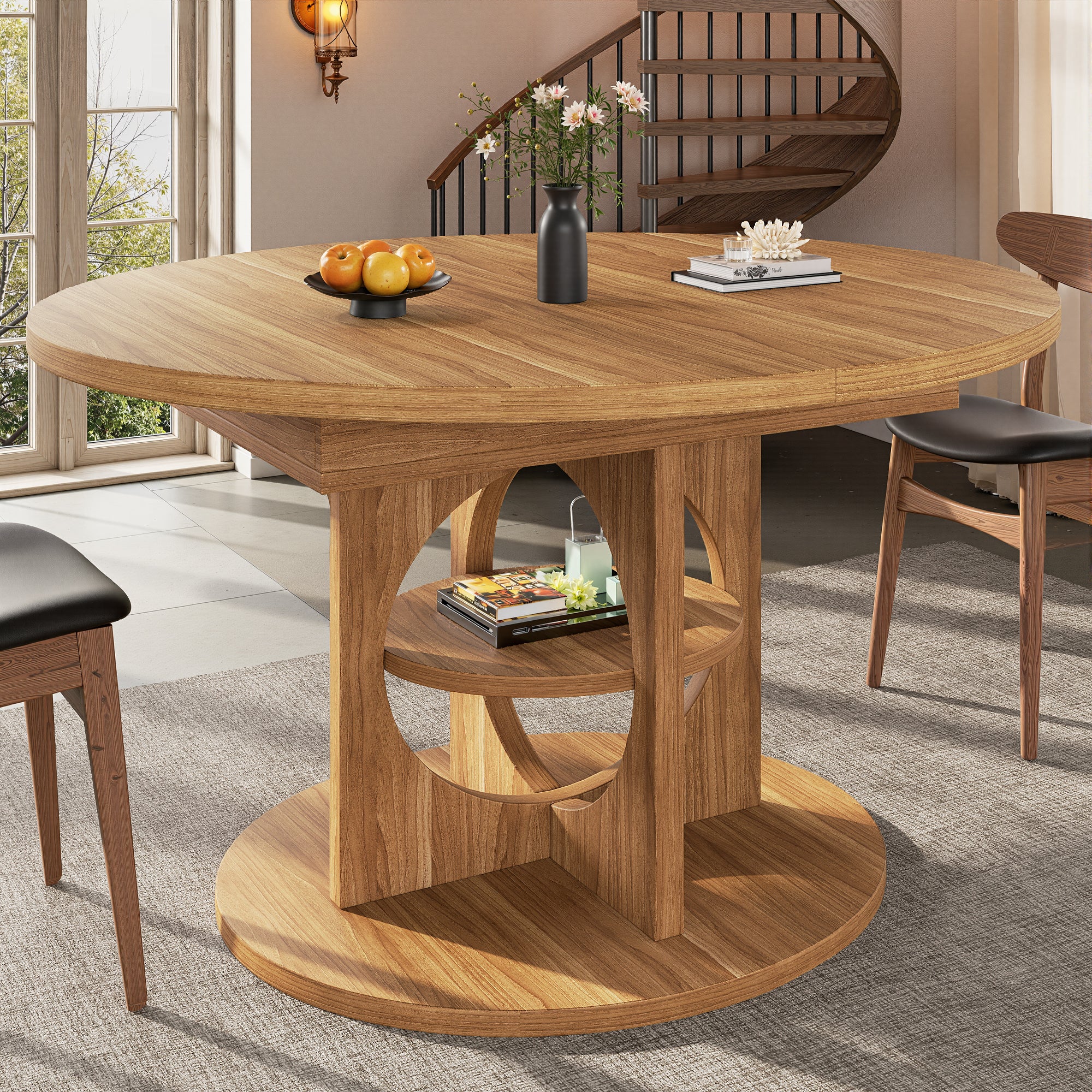Extendable dining table, dining room table, kitchen table, balcony table, round dining table, extendable to oval, 110-150 cm, seats up to 8 people, dark brown