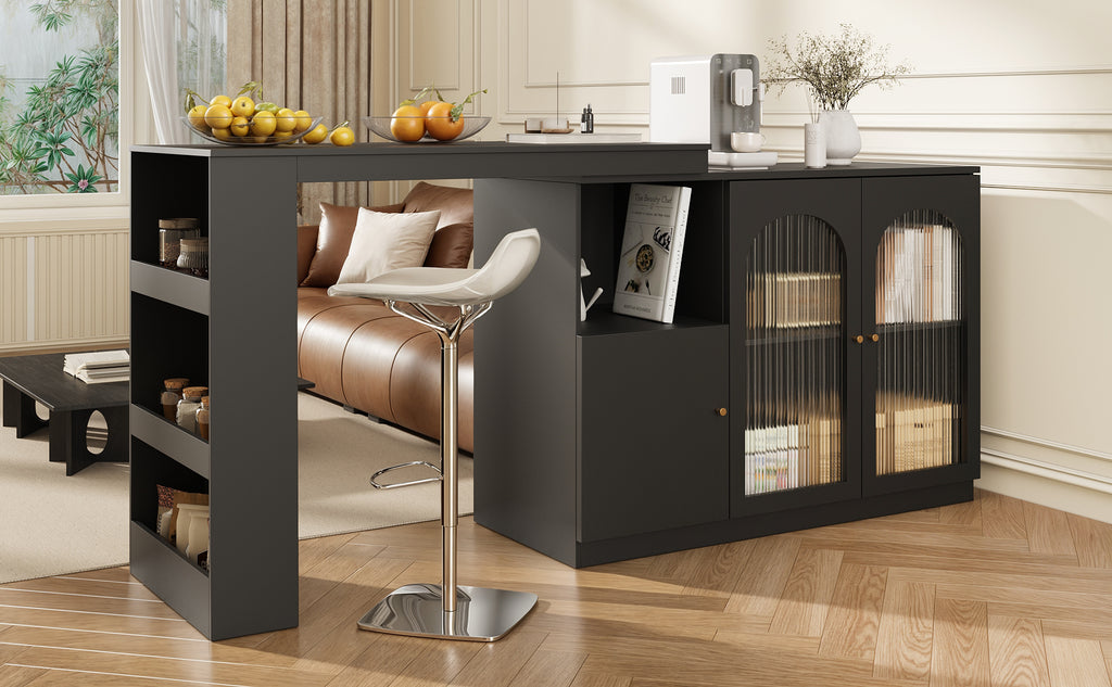 360° rotating bar table (main body 120 x 40 x 97 cm), modern and simple black rotating dining and bar cabinet, multifunctional storage cabinet with glass door