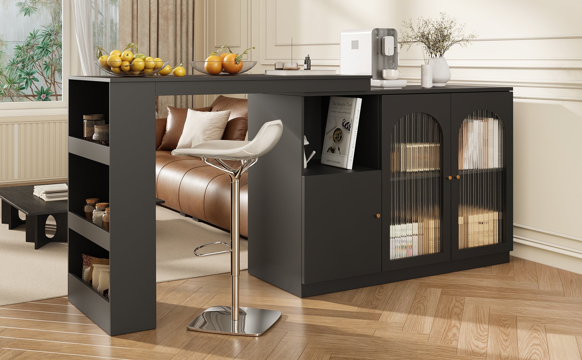 360° rotating bar table (main body 120 x 40 x 97 cm), modern and simple black rotating dining and bar cabinet, multifunctional storage cabinet with glass door