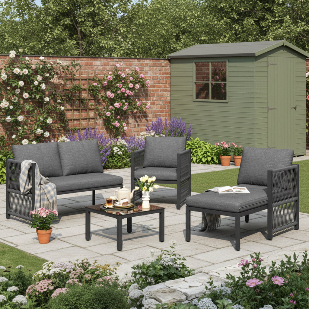Garden Set with Tempered Glass Coffee Table, Convertible 4-5 Seater Polyester Rope Patio Set with Lounge Sofa and Armchairs, Weatherproof Outdoor Patio Corner Sofas for Balcony and Terrace, Grey