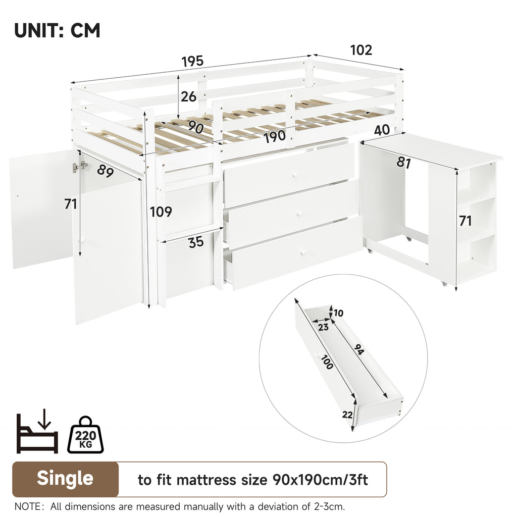 3ft Single Modern Wood Bed with Pull-out Desk, Wooden Children's Cabin Bed with 3 Drawers, Storage Cabinet & Shelves, Flexible Two-way Installation, Space-saving Loft Bed, White (No Mattress)
