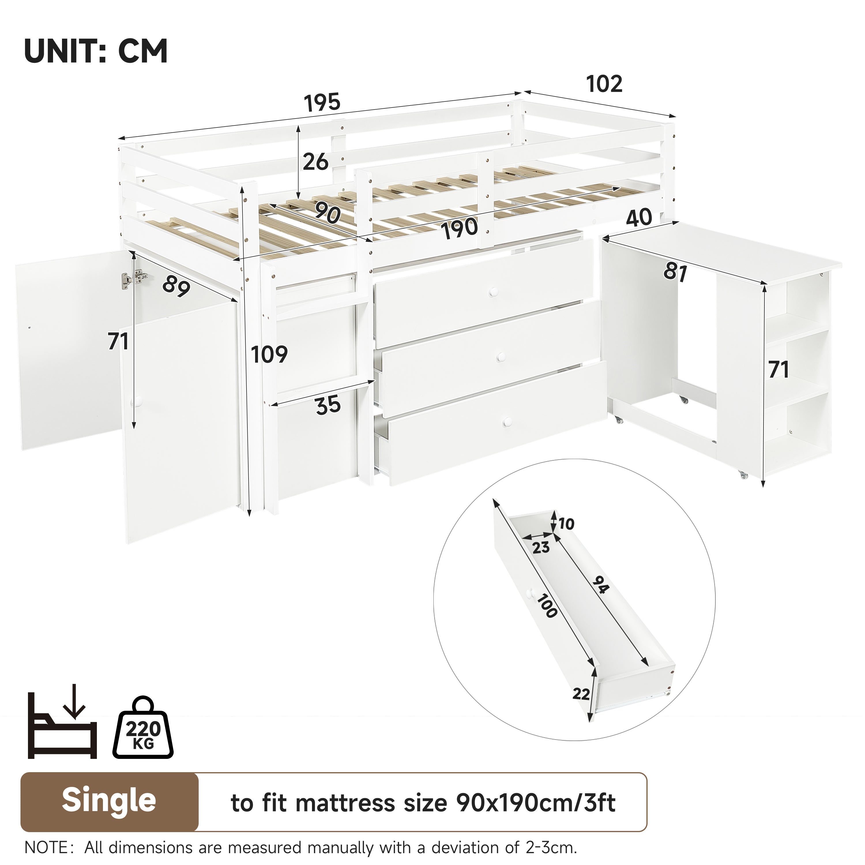 3ft Single Modern Wood Bed with Pull-out Desk, Wooden Children's Cabin Bed with 3 Drawers, Storage Cabinet & Shelves, Flexible Two-way Installation, Space-saving Loft Bed, White (No Mattress)