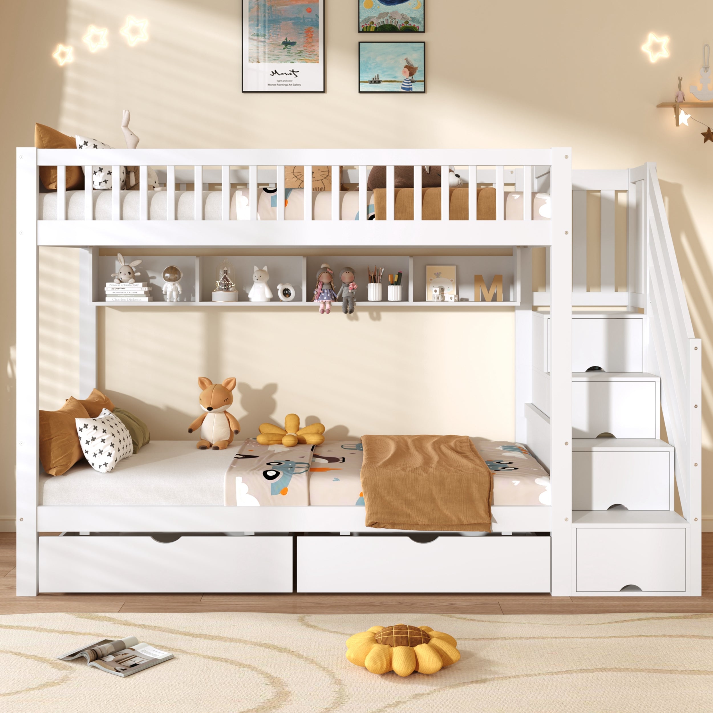 3ft Single Loft Bed with Under Bed Drawers, High-Quality Solid Wood Bunk Bed Frame with Integrated Stairway Storage, Shelving and Hidden Lockers, Safety Guardrails, White (No Mattress)