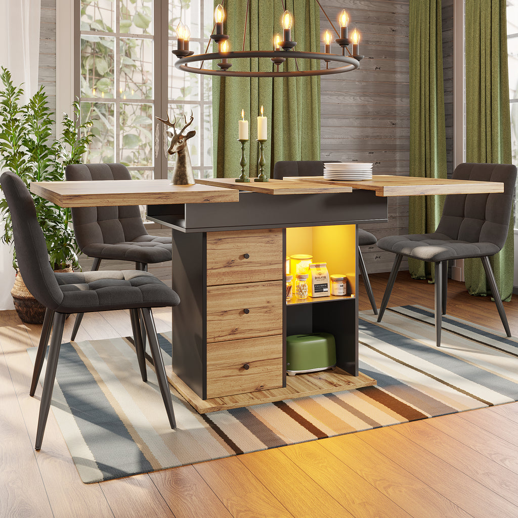 Telescopic dining table (110-140 x 80 cm), foldable kitchen table for 4-6 people, extendable dining table, space-saving kitchen table, for kitchen and living room, table with LED lighting