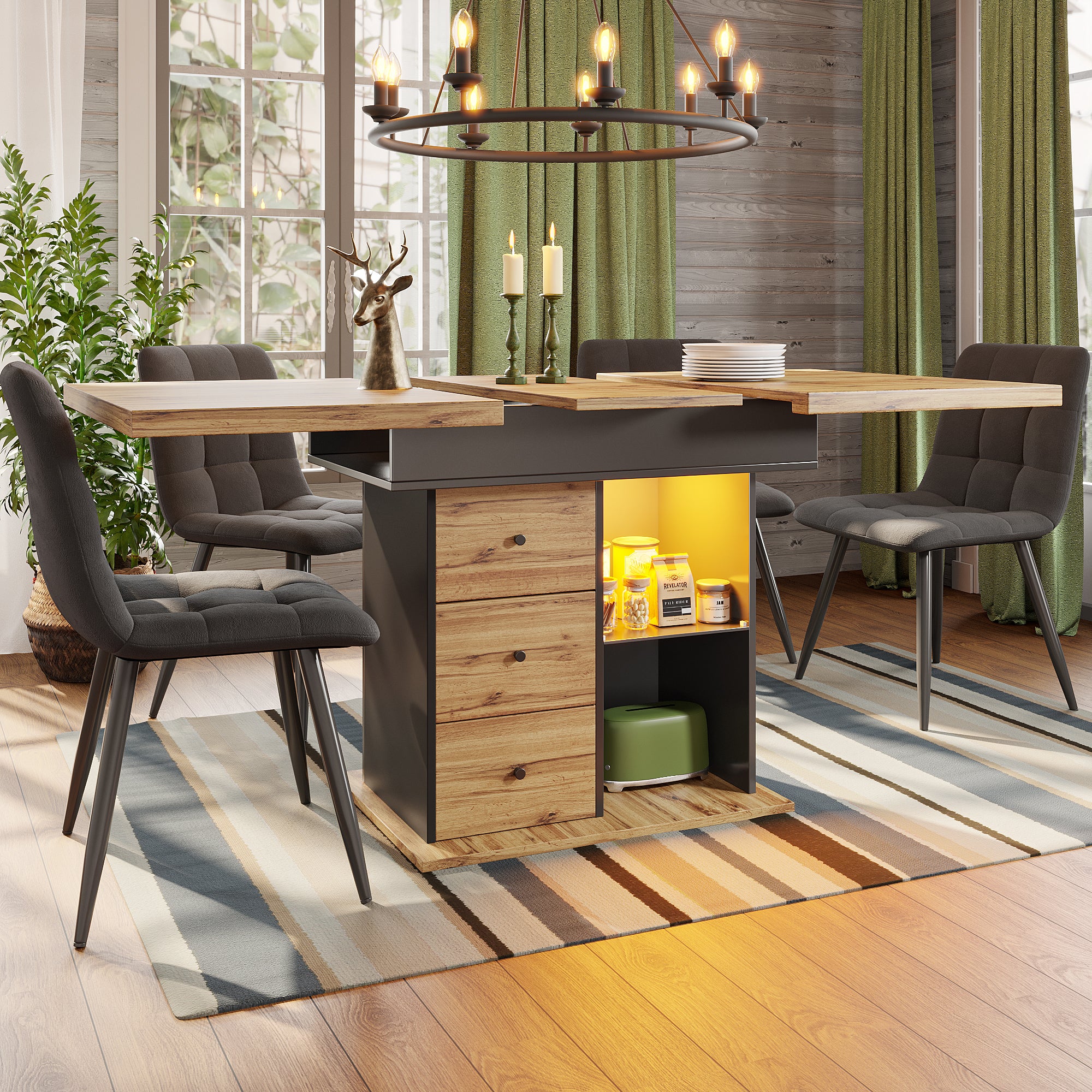 Telescopic dining table (110-140 x 80 cm), foldable kitchen table for 4-6 people, extendable dining table, space-saving kitchen table, for kitchen and living room, table with LED lighting